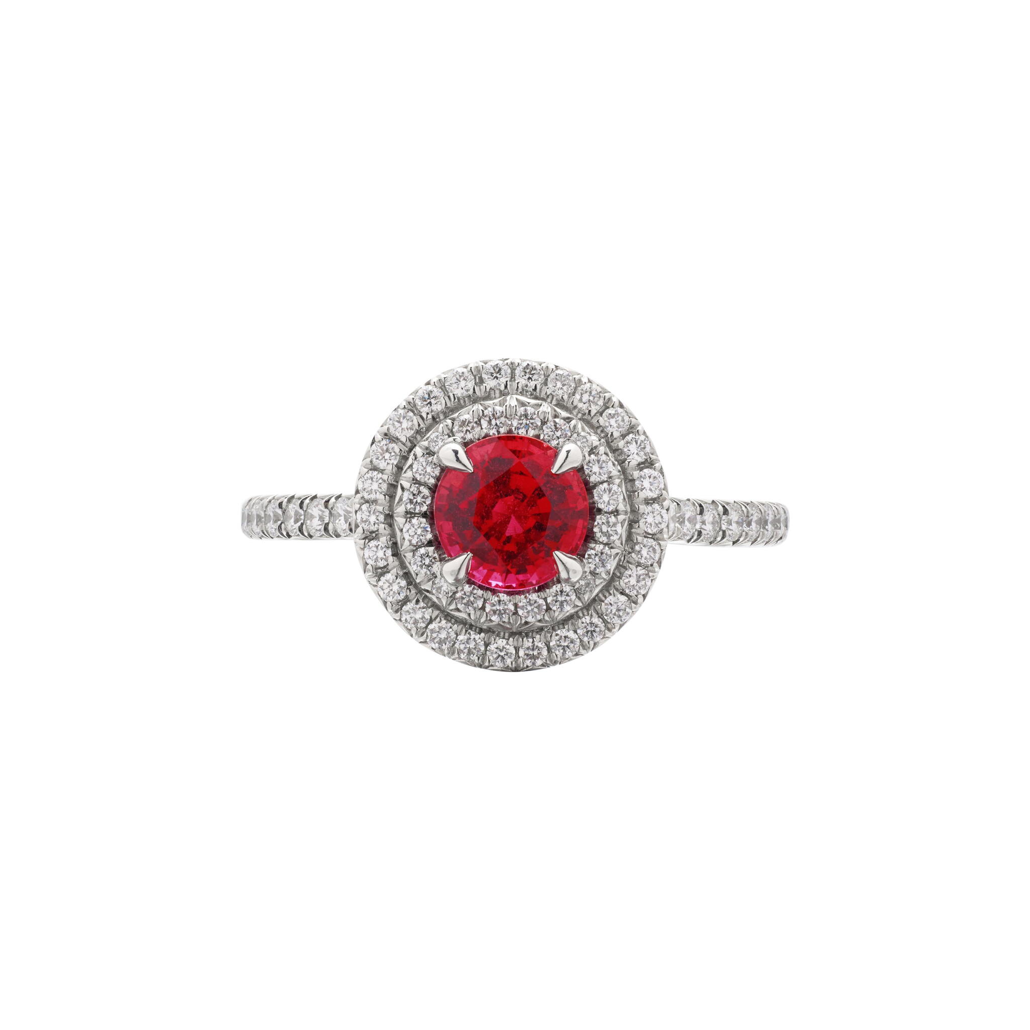Platinum, 0.90ct Ruby and Diamond Soleste Engagement Ring — view 1