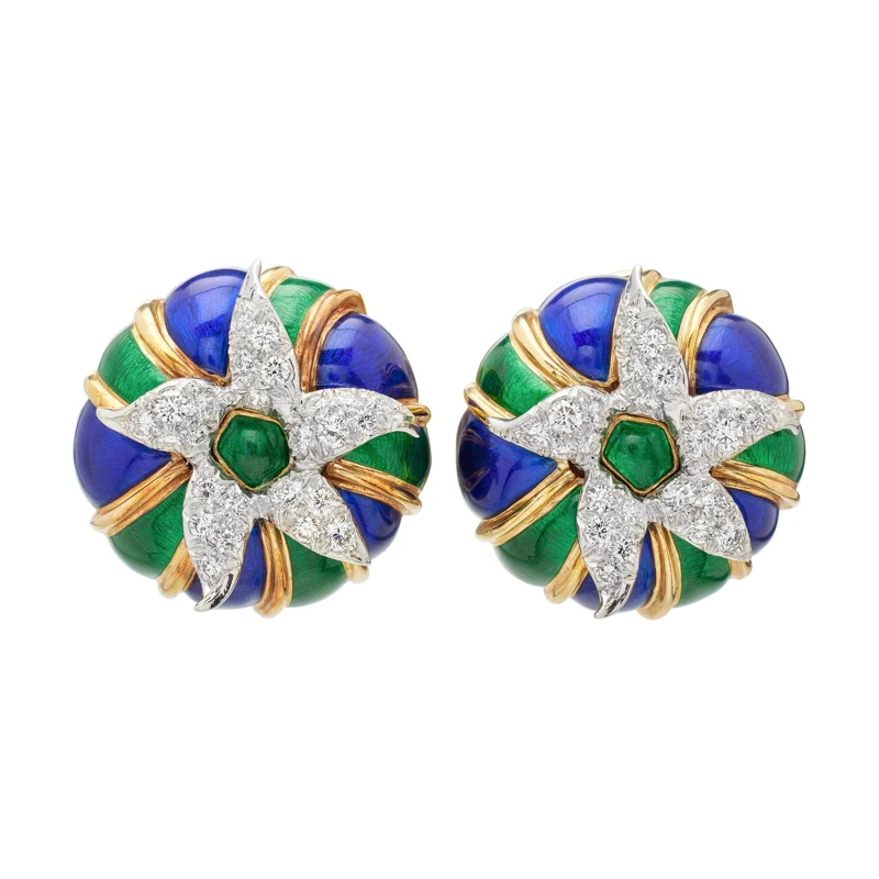 Gold, Platinum, Enamel, and Diamond Earclips 