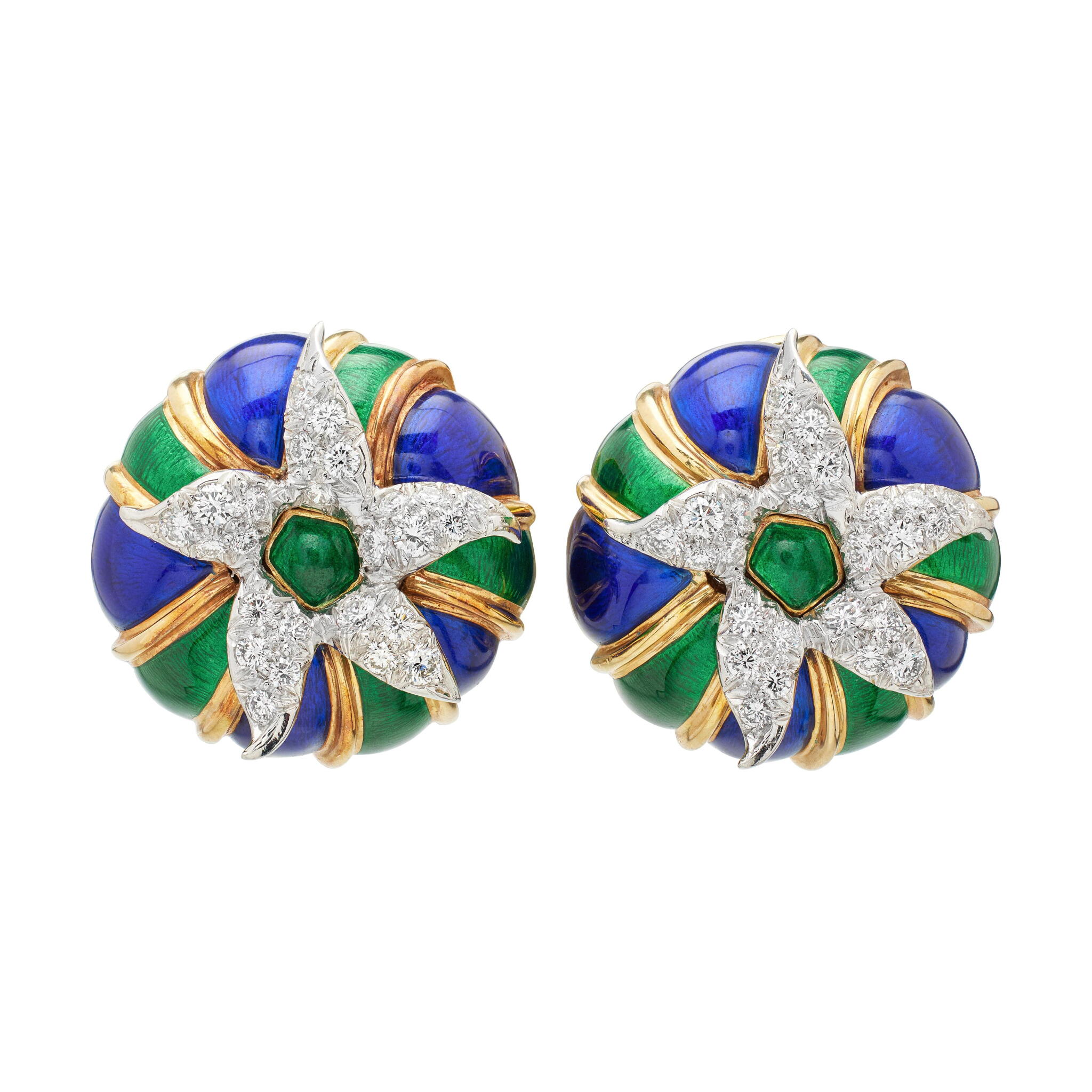 Gold, Platinum, Enamel, and Diamond Earclips  — view 1