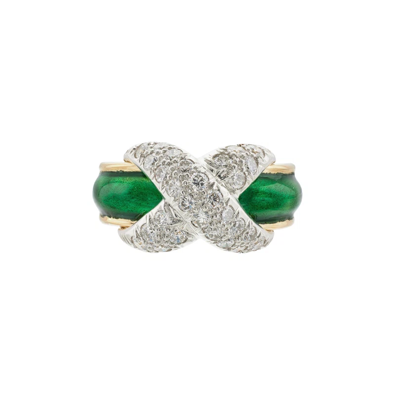Gold, Platinum, Enamel and Diamond X Motif Ring