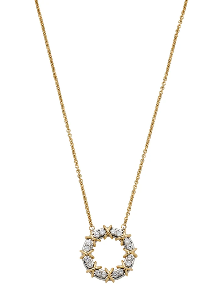Platinum, Gold and Diamond Sixteen Stone Circle Pendant Necklace