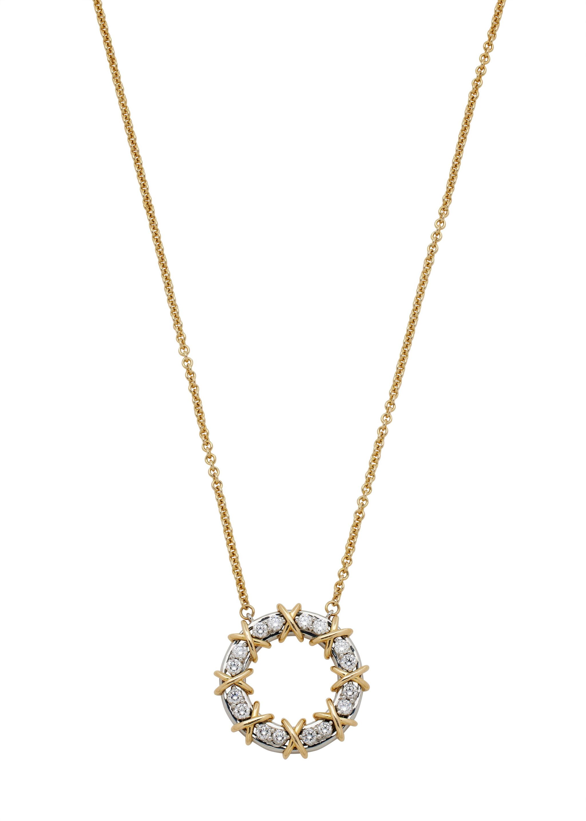 Platinum, Gold and Diamond Sixteen Stone Circle Pendant Necklace — view 1