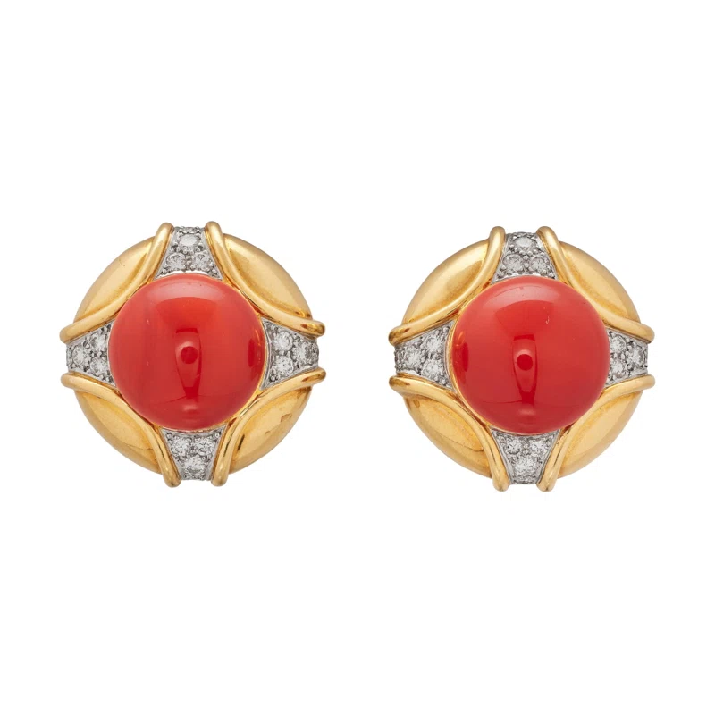 Vintage Gold, White Gold, Coral and Diamond Earclips