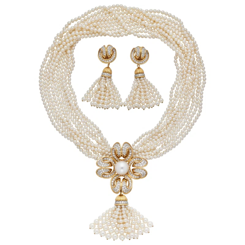 Vintage Gold, Platinum, Cultured Pearl and Diamond Convertible Earclips and Necklace Set