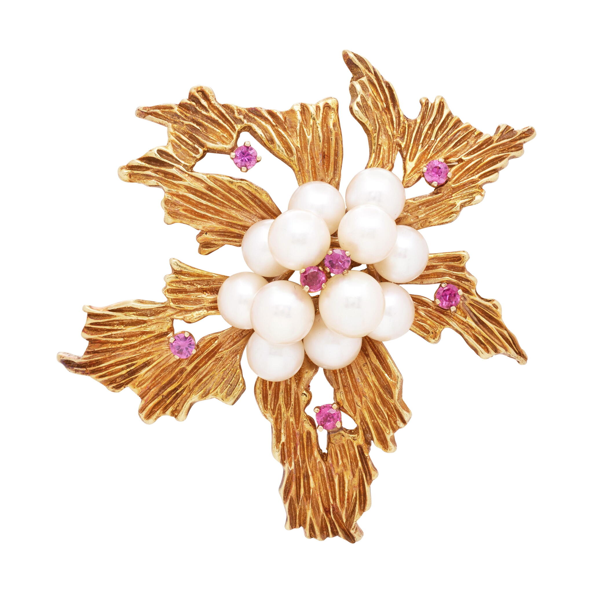 Vintage Gold, Cultured Pearl and Ruby Leaf Brooch — view 1