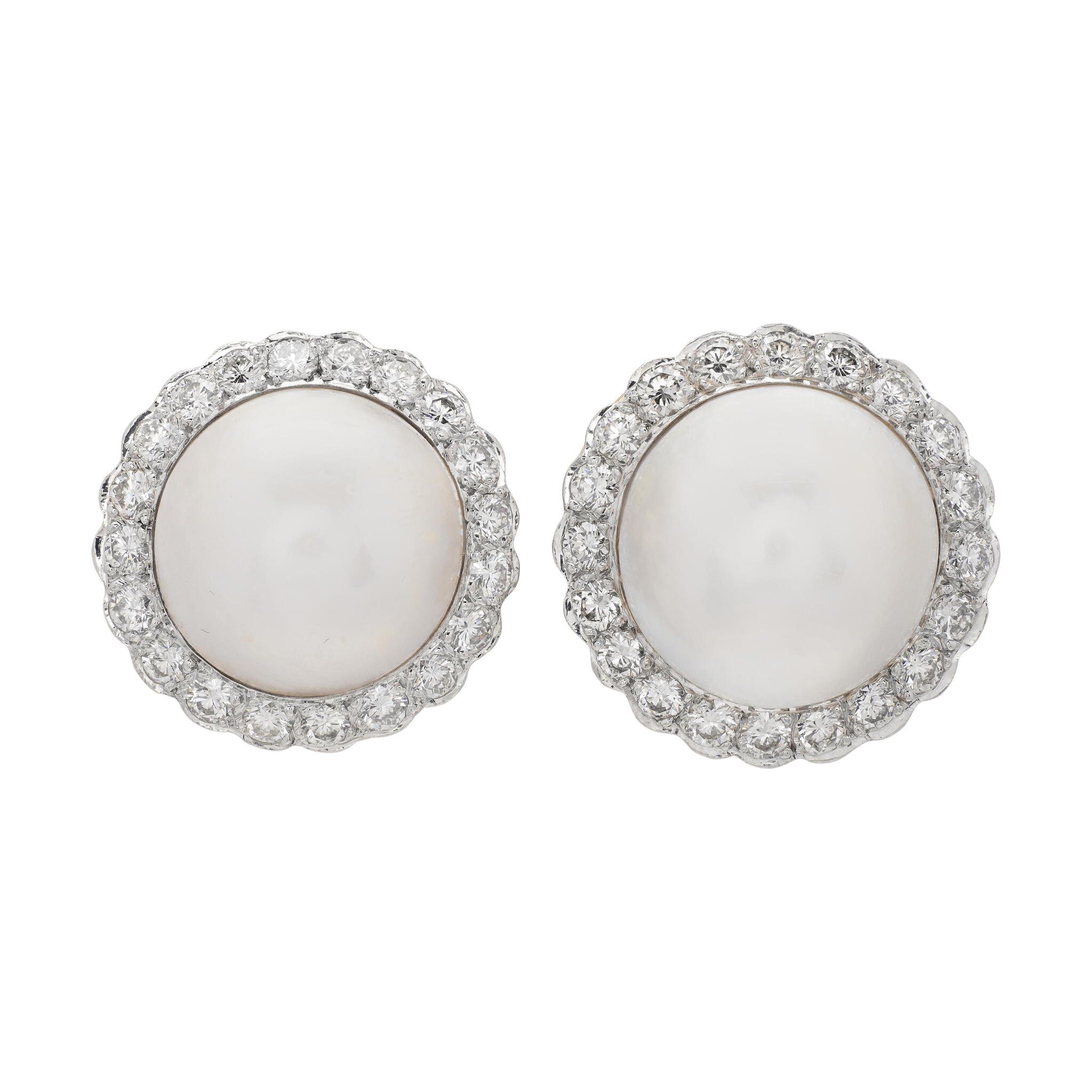 Vintage Gold, Platinum, Mabé Pearl and Diamond Earclips — view 1