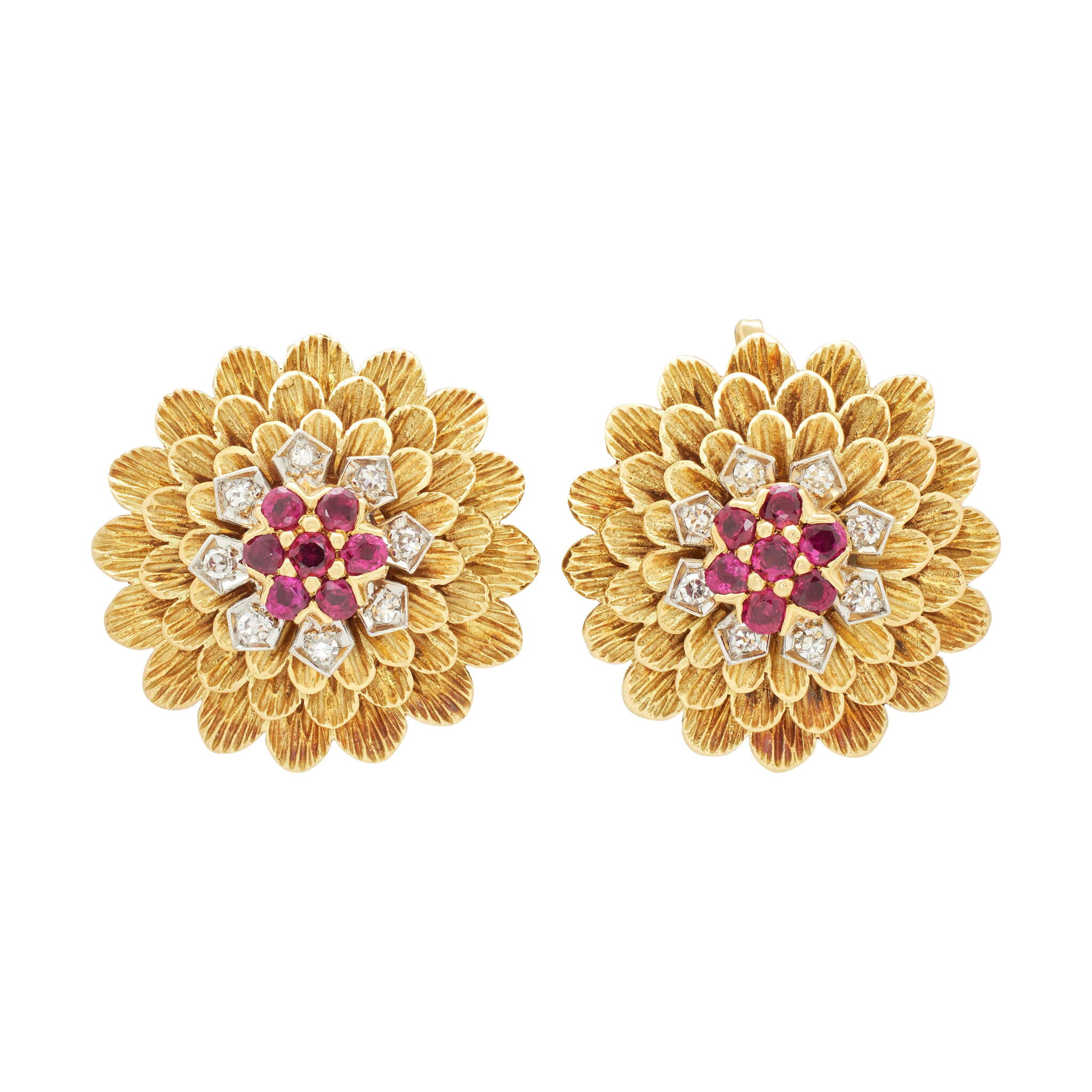 Vintage Gold, Platinum, Ruby and Diamond Floral Earclips — view 1