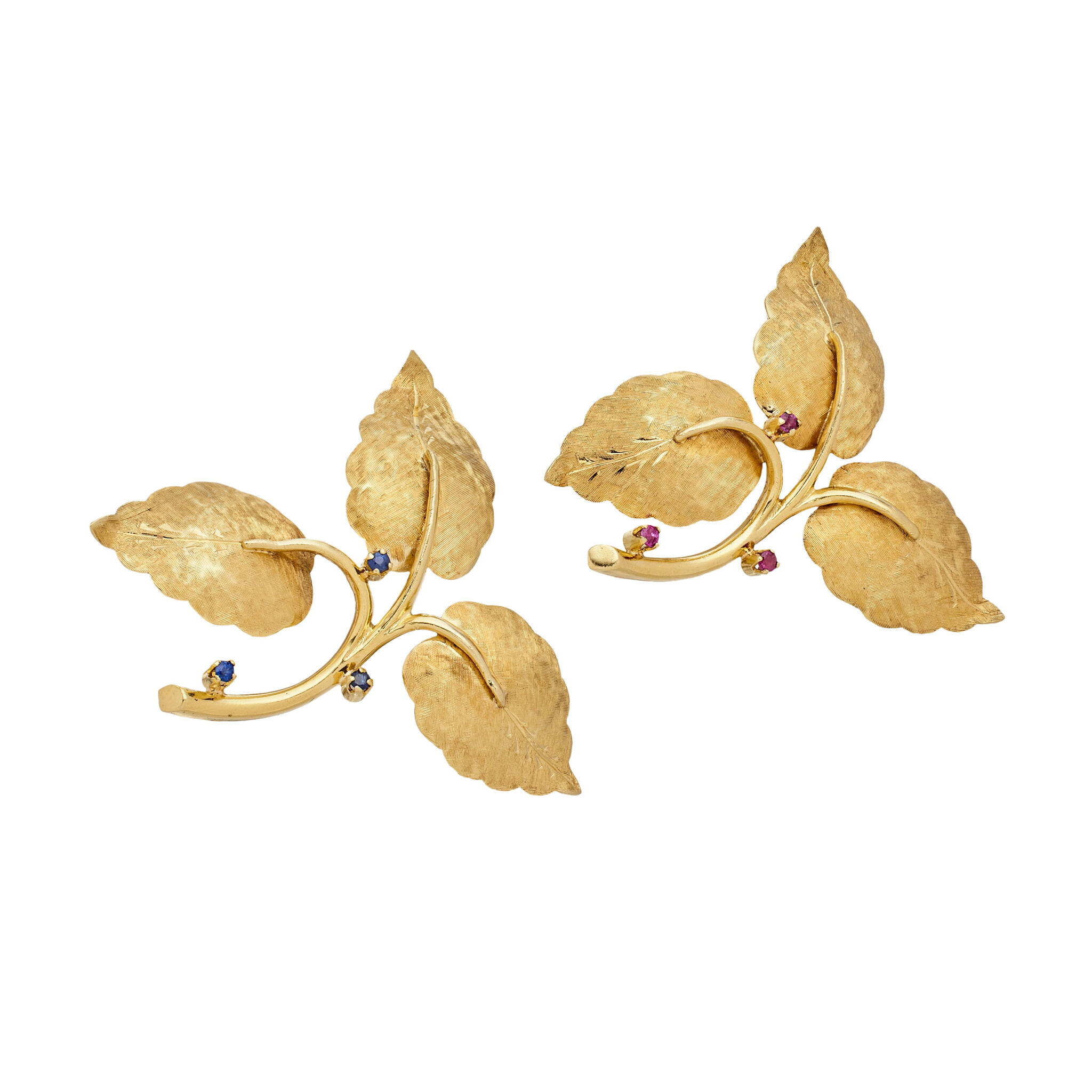 Vintage Gold, Ruby and Sapphire 3 Leaf Brooch Set — view 1