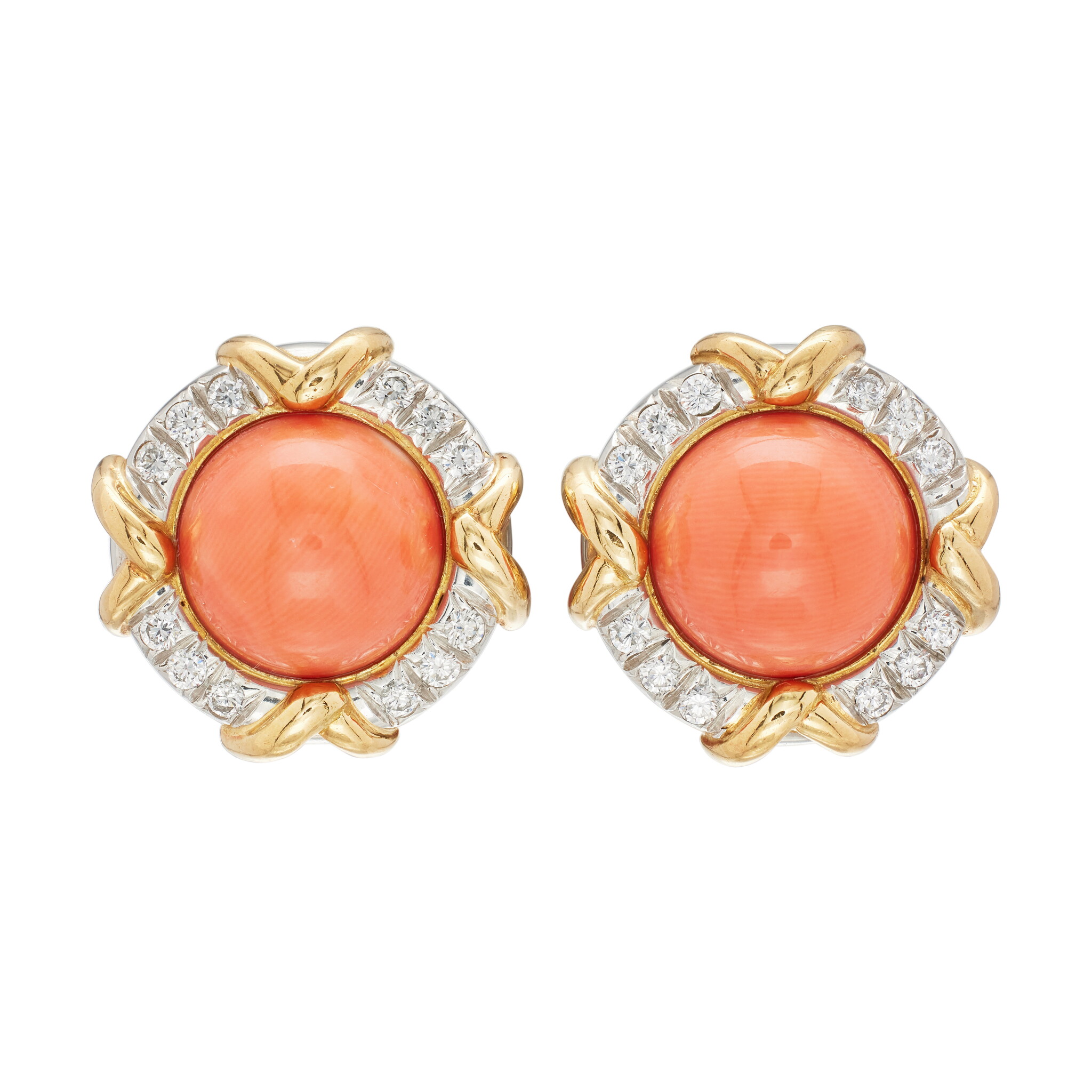 Vintage Platinum, Gold, Coral and Diamond Earclips — view 1