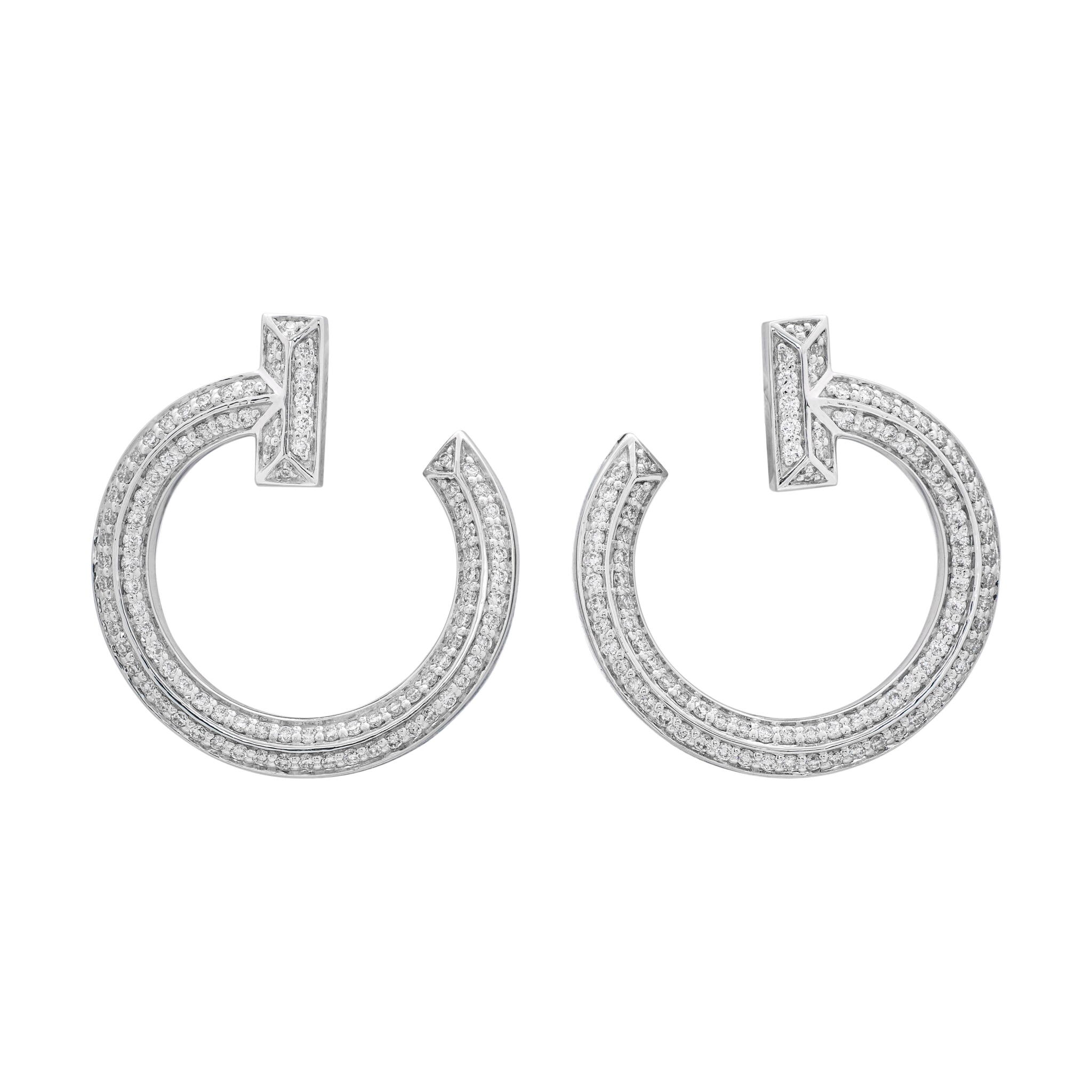White Gold and Diamond Tiffany T T1 Open Hoop Earrings — view 1