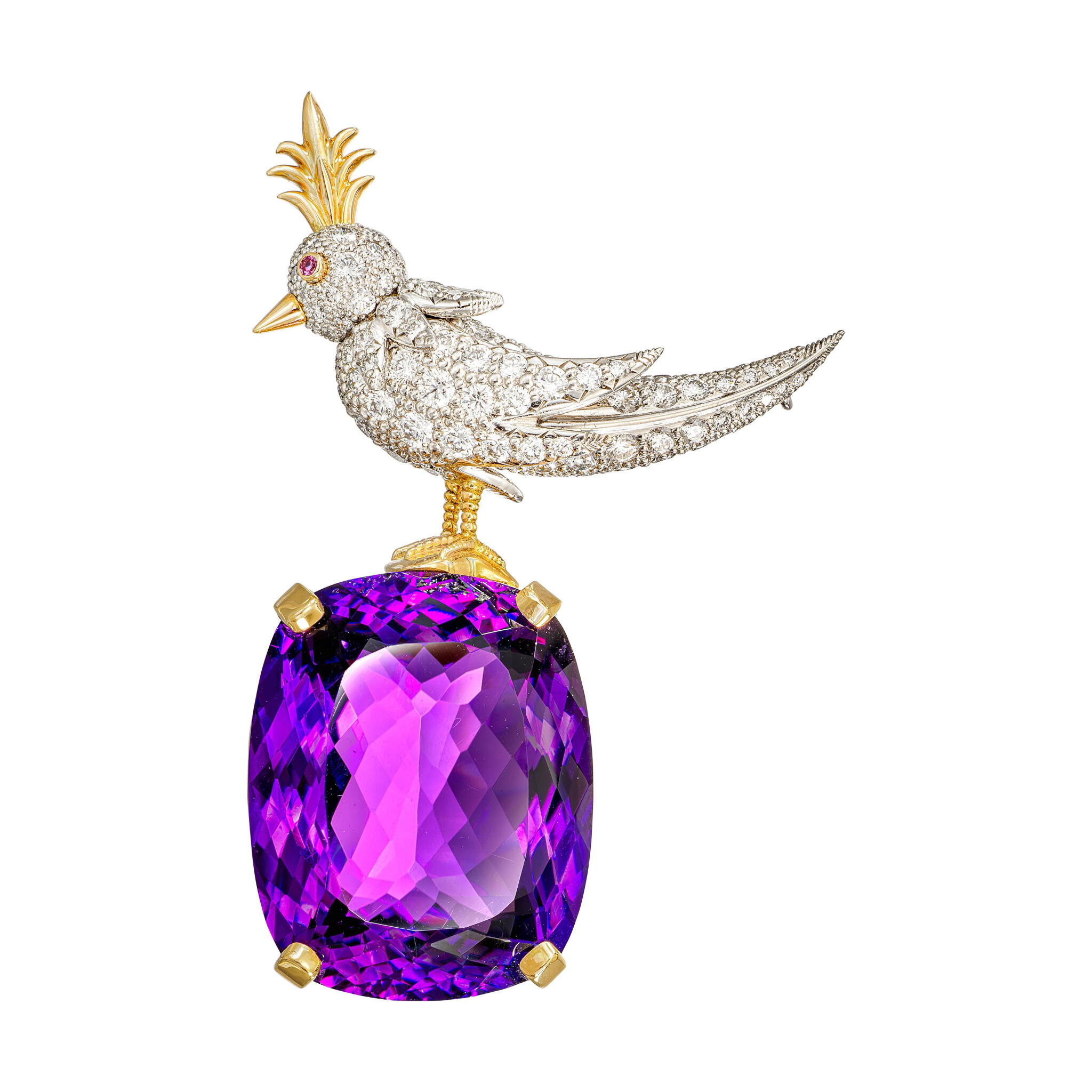 Gold, Platinum, 69.94ct Amethyst and Diamond Bird on a Rock Brooch — view 1