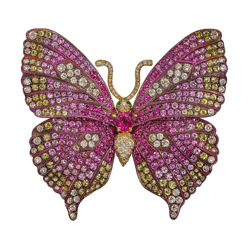 Titanium, Gold, Pink Sapphire, Gem Set and Colored Diamond  'BUTTERFLY' Brooch