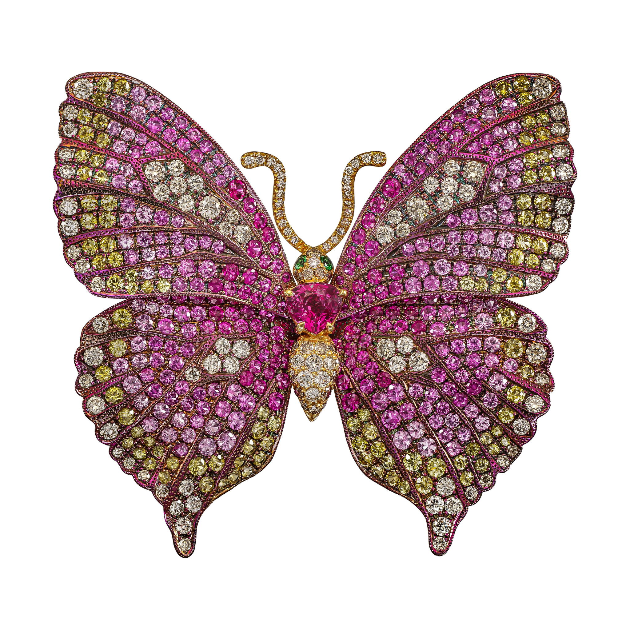 Titanium, Gold, Pink Sapphire, Gem Set and Colored Diamond  'BUTTERFLY' Brooch — view 1