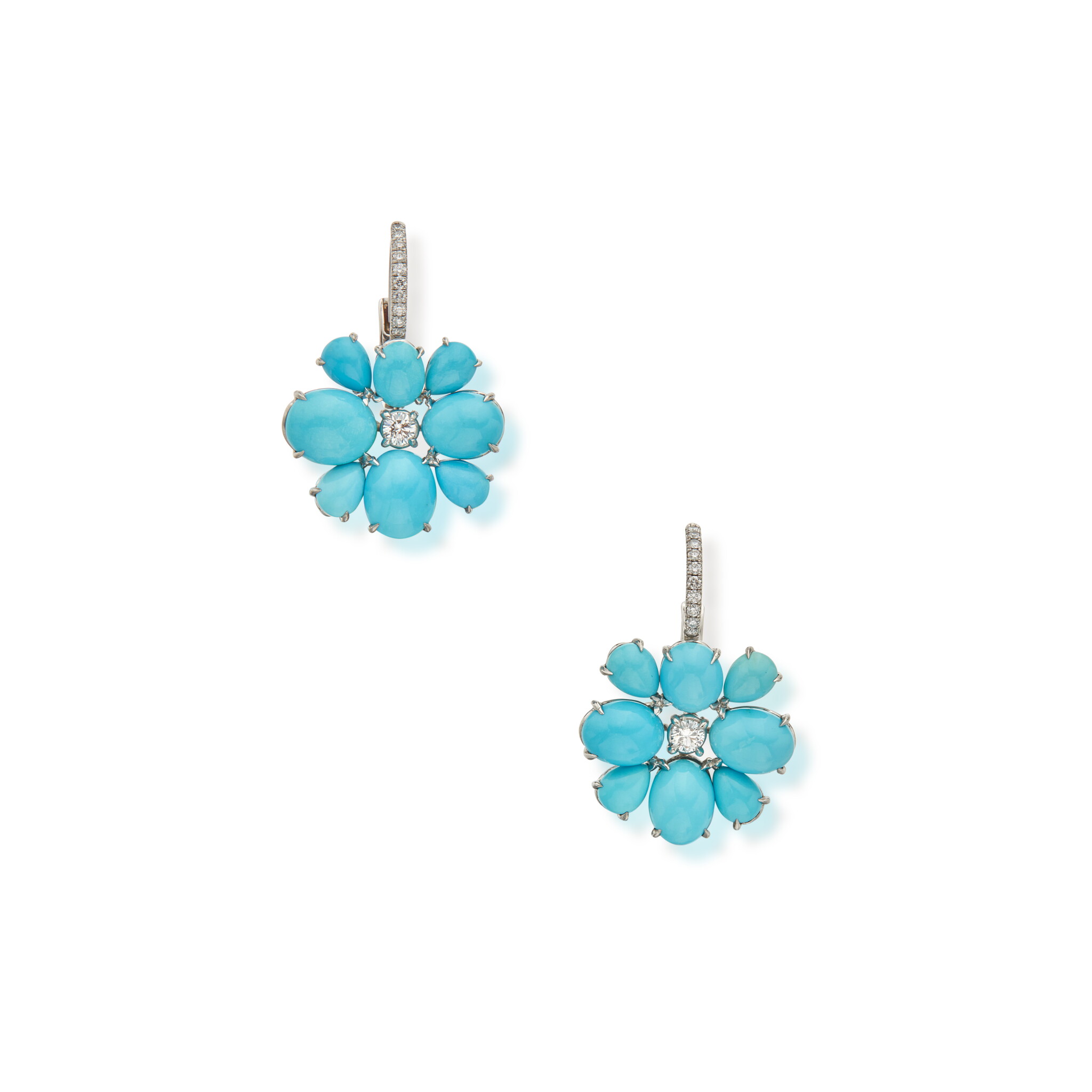 Platinum, Turquoise and Diamond Pendant Earrings — view 1