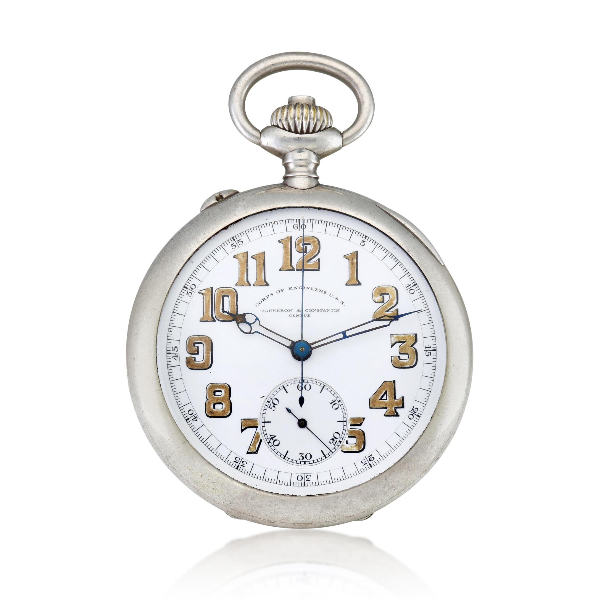 A silver single button chronograph mechanical watch with enamel dial. Circa 1918 — view 1