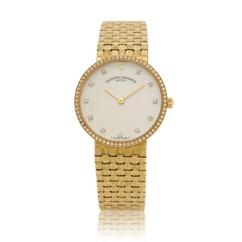 Patrimony Traditionnelle Boutique 'Basket Weave' (Reference 31693/206J-8737). A 32mm yellow gold diamond-set manual wind wristwatch.