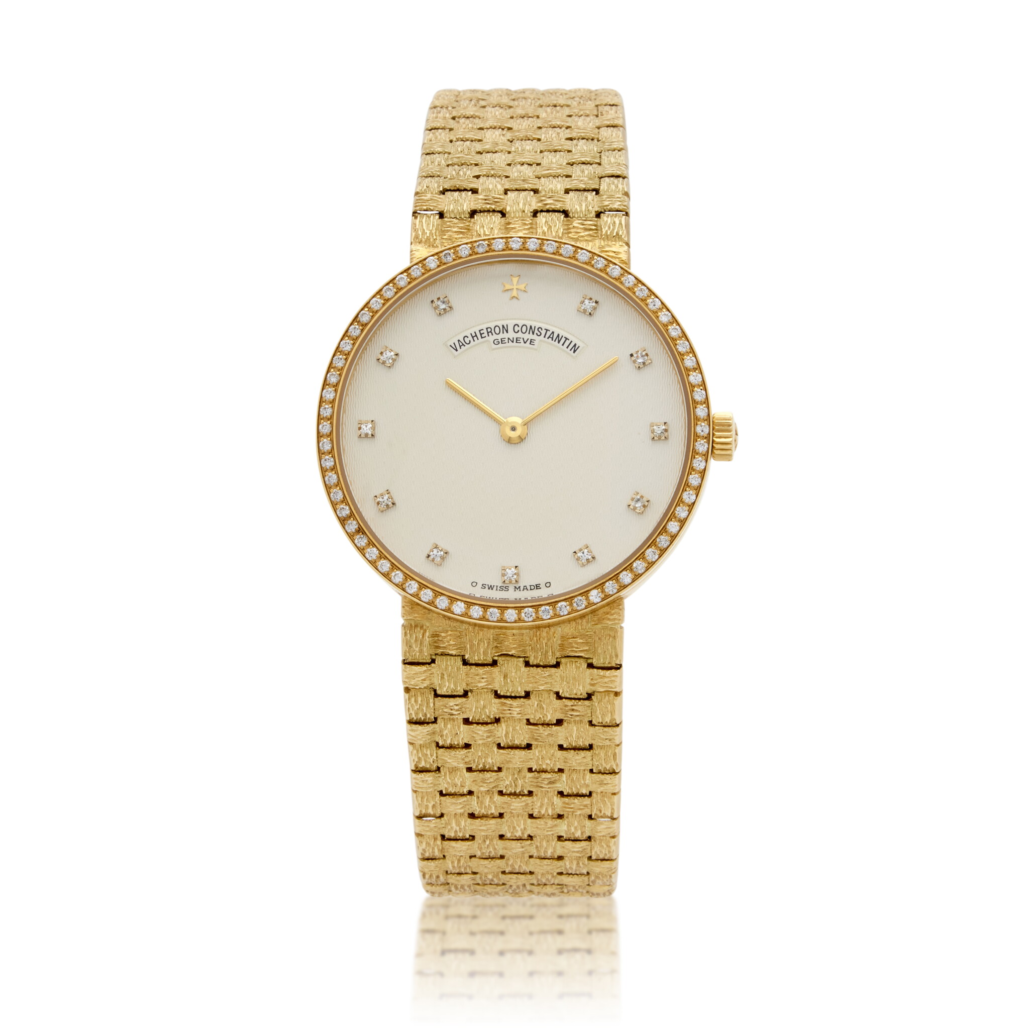 Patrimony Traditionnelle Boutique 'Basket Weave' (Reference 31693/206J-8737). A 32mm yellow gold diamond-set manual wind wristwatch. — view 1