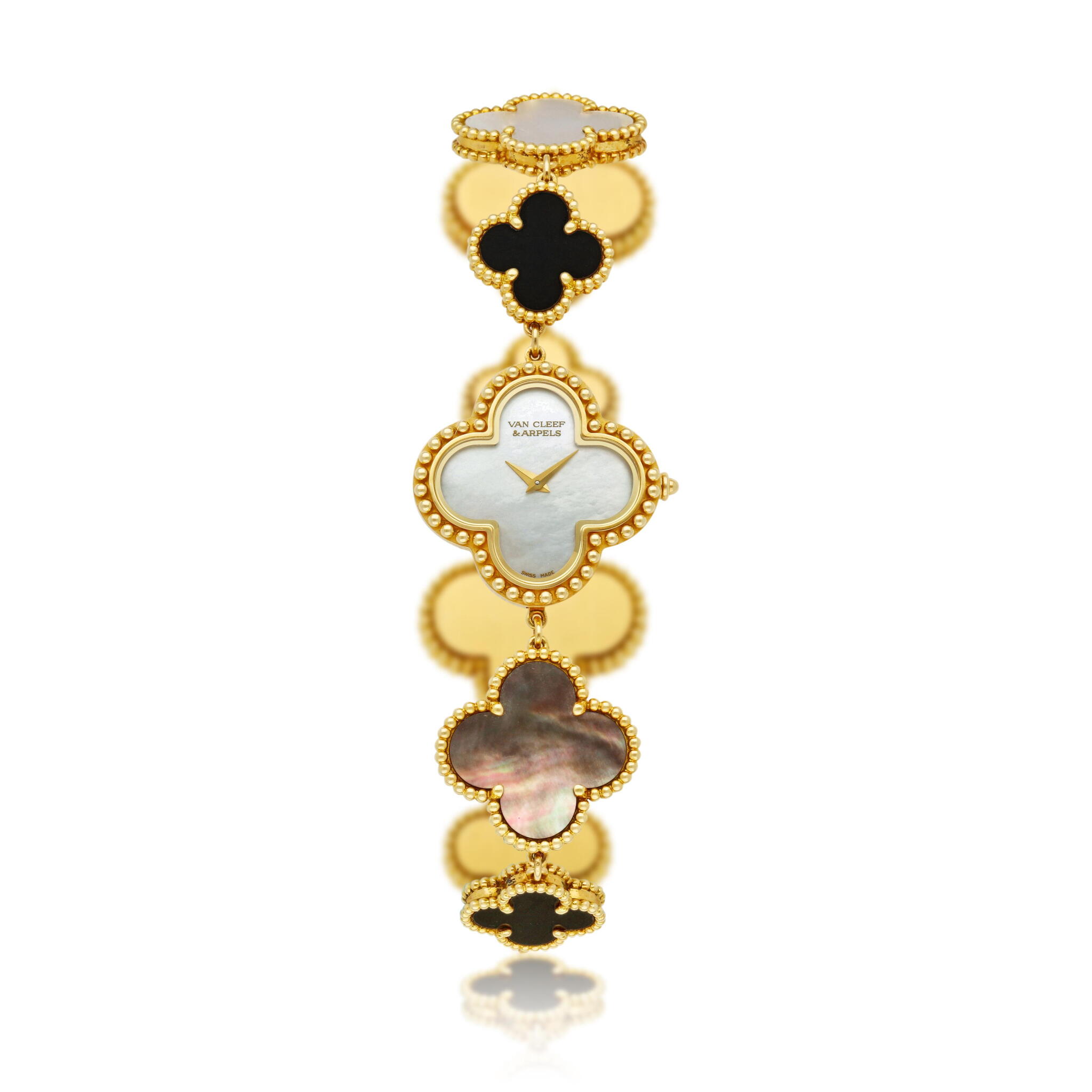 Alhambra (Reference 136674). A yellow gold, mother-of-pearl and onyx set quartz bracelet watch. Circa 2018 — view 1