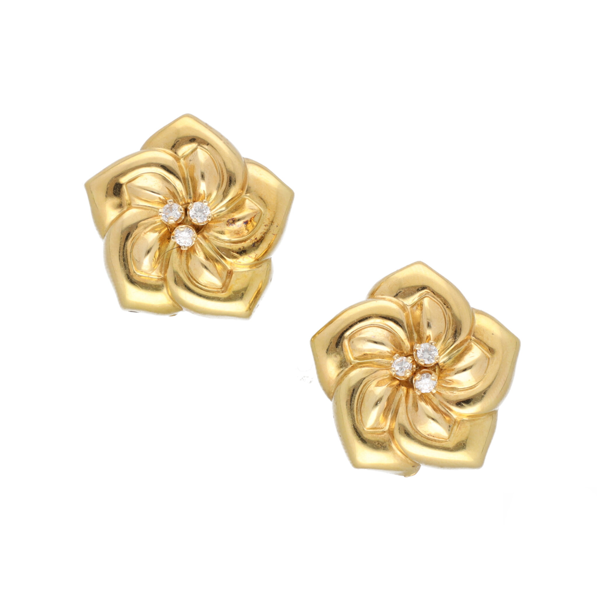 Gold and Diamond Floral Earclips — view 1