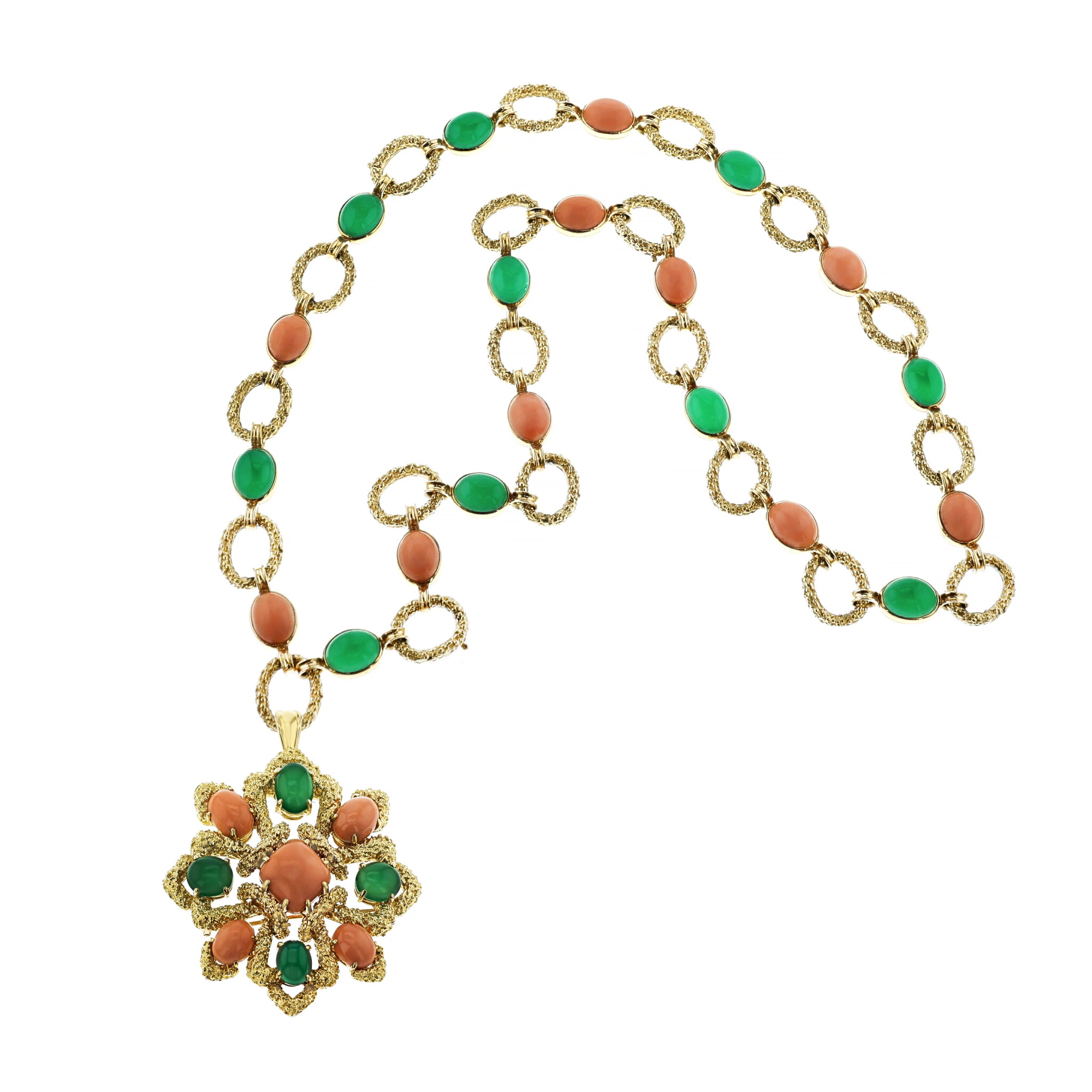 Vintage Gold, Coral and Chrysoprase Convertible Pendant Delphes Necklace  — view 1