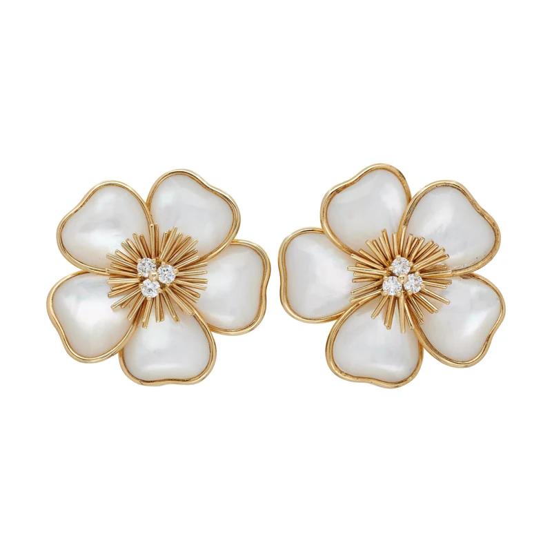 Gold, Mother of Pearl and Diamond Rose de Noël Earclips