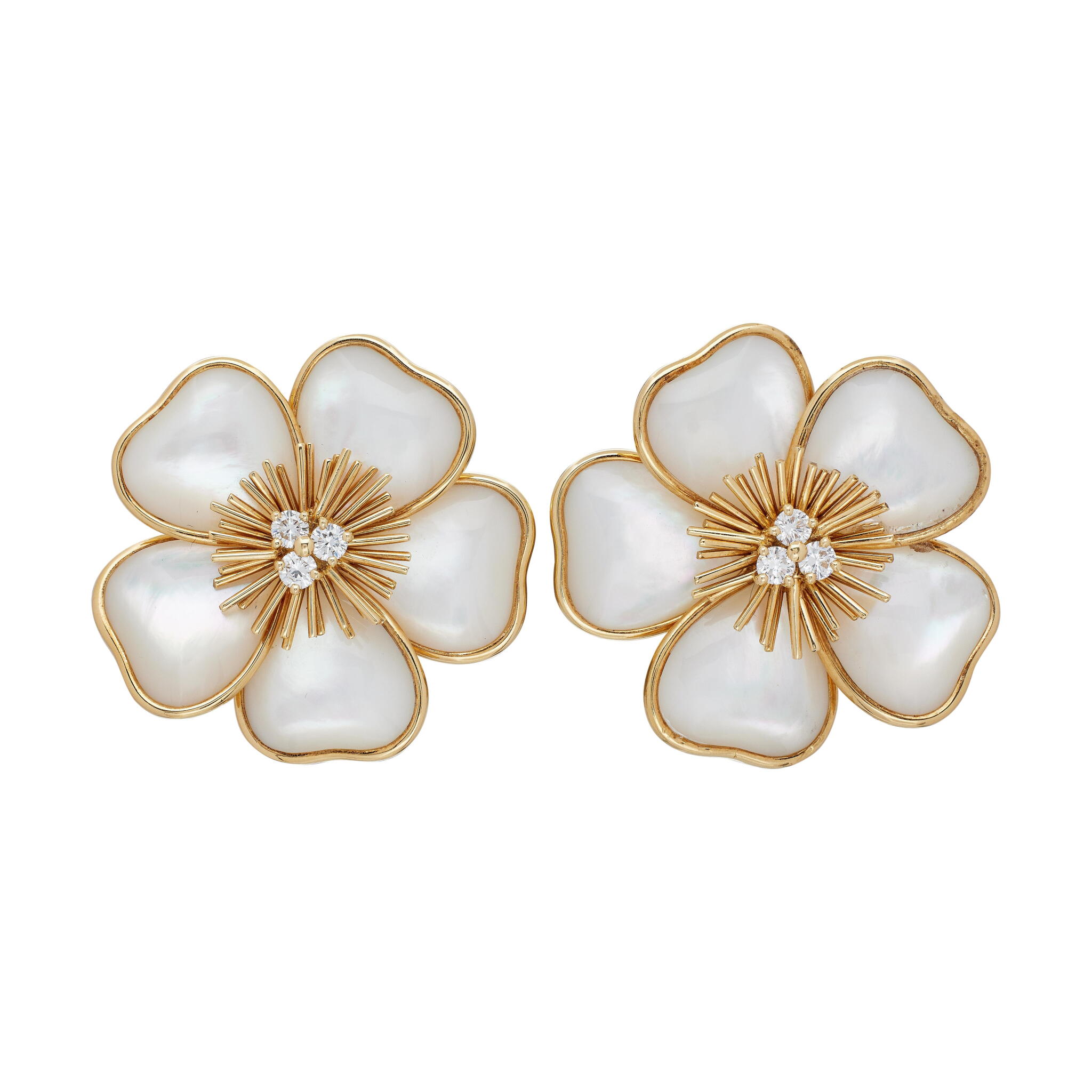 Gold, Mother of Pearl and Diamond Rose de Noël Earclips — view 1