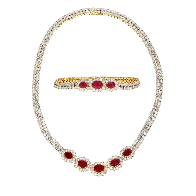 Gold, Burmese Ruby, Diamond Necklace and Bracelet Set
