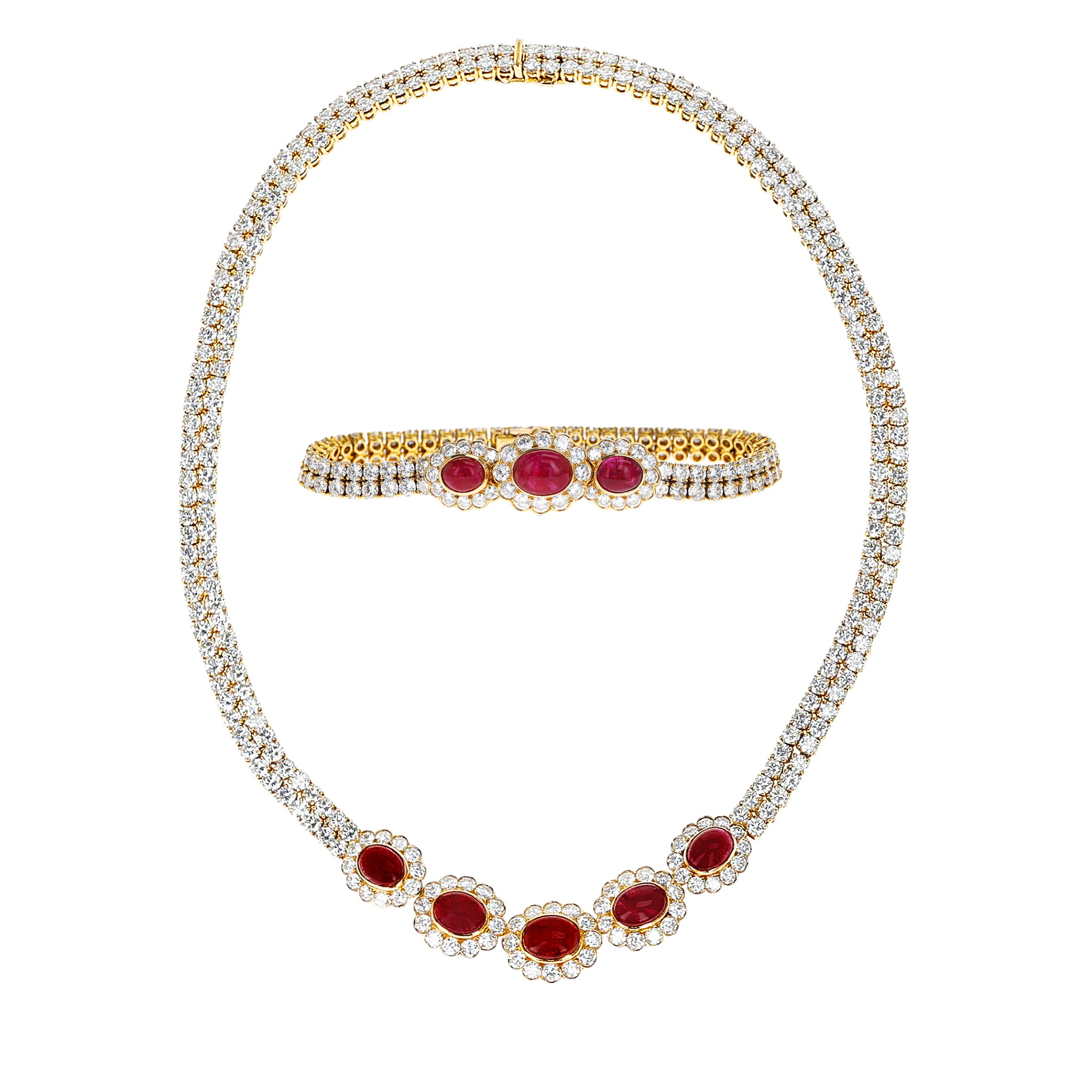 Gold, Burmese Ruby, Diamond Necklace and Bracelet Set — view 1