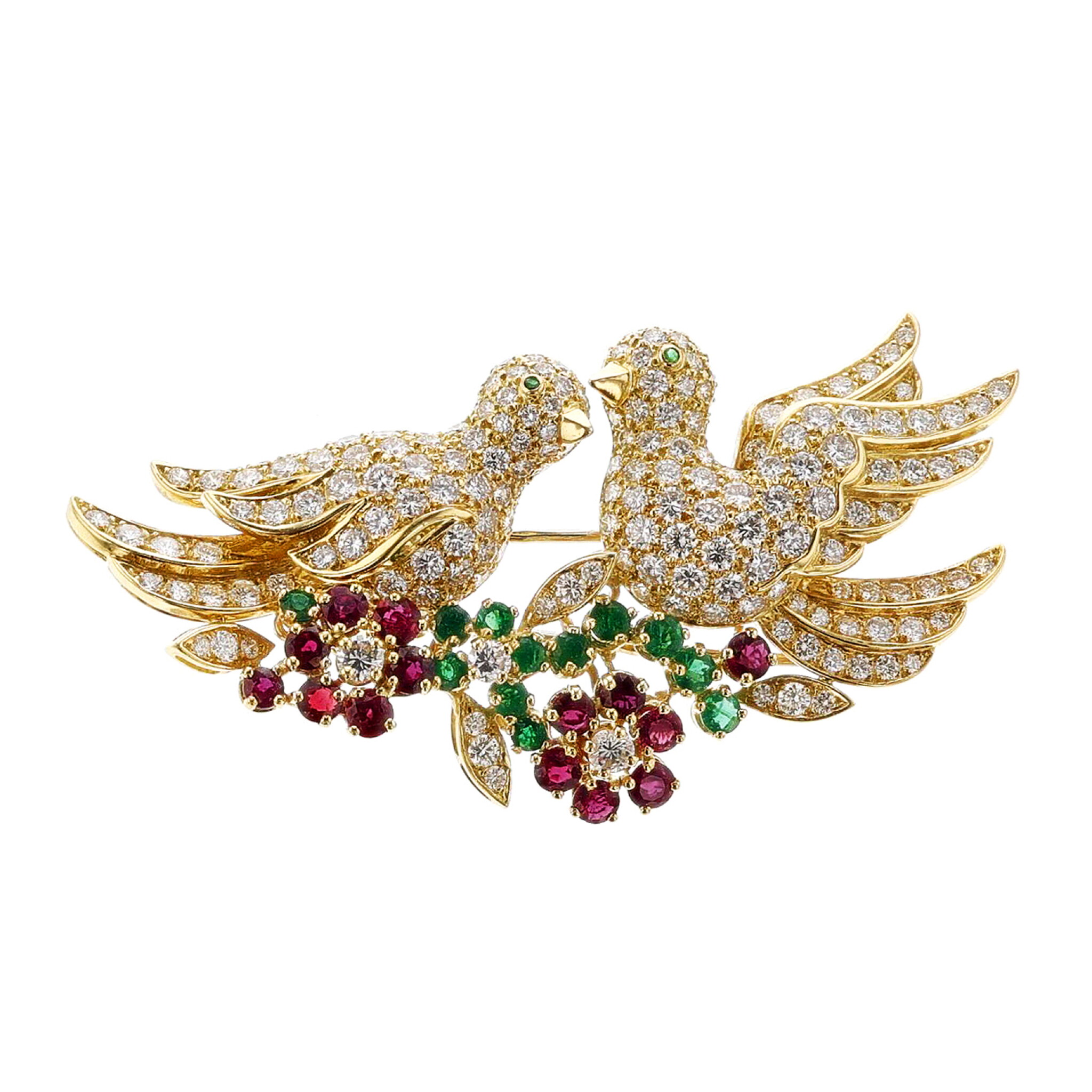 Gold, Ruby, Emerald and Diamond Love Birds Brooch — view 1