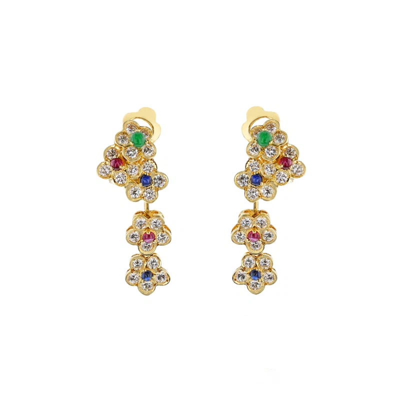 Gold, Ruby, Emerald, Sapphire and Diamond Flower Earrings