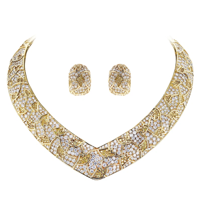 Gold, Yellow Diamond and Diamond Earclips and Necklace Set