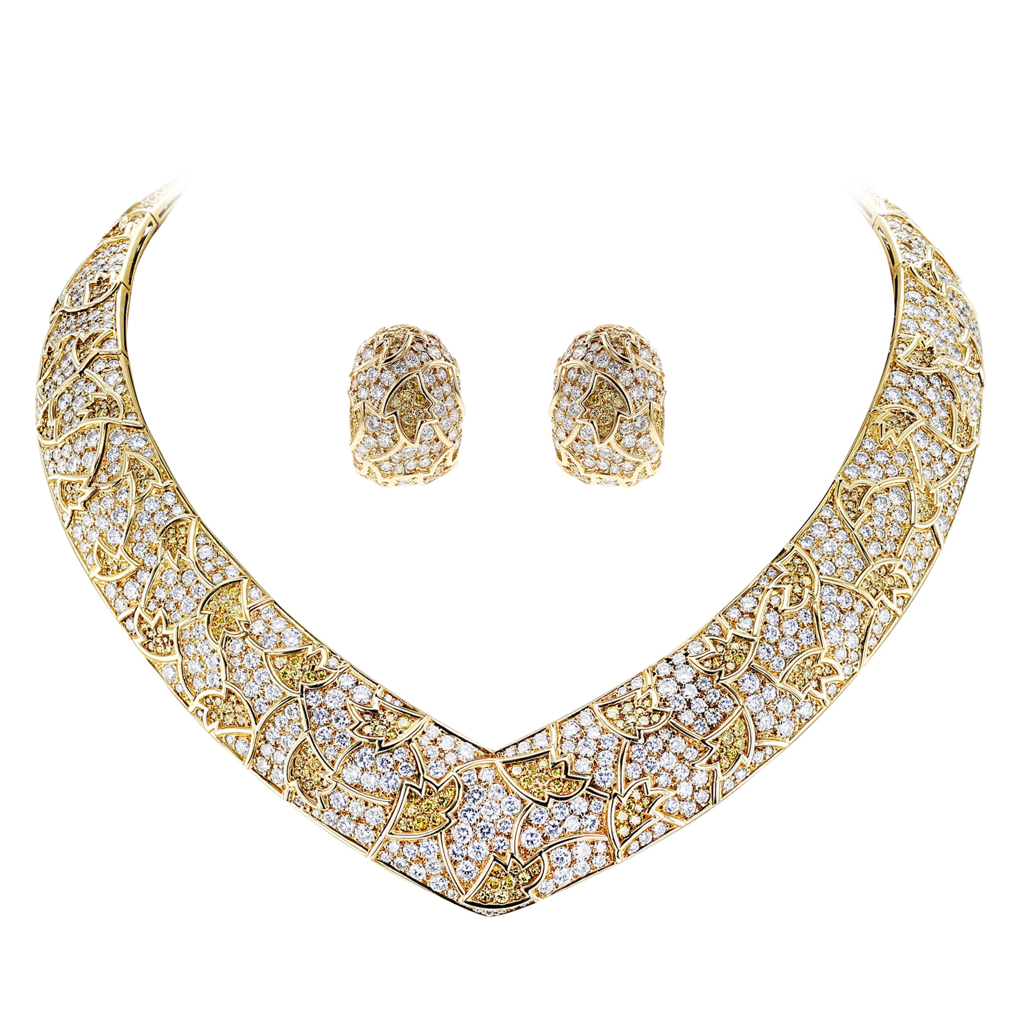 Gold, Yellow Diamond and Diamond Earclips and Necklace Set — view 1
