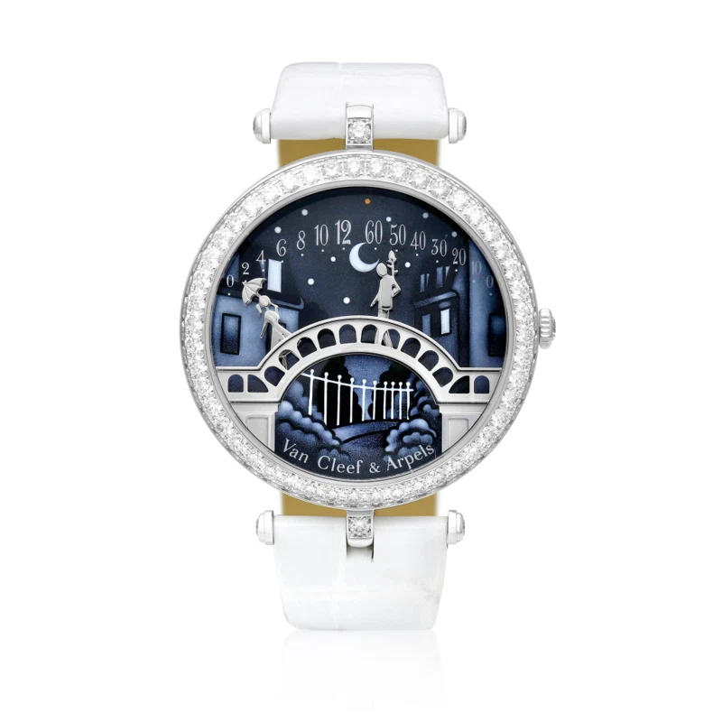 Lady Arpels 'Pont des Amoureux' (Reference 3480170).  A white gold and diamond-set manual wind wristwatch with retrograde hours and minutes and enamel dial. Circa 2017