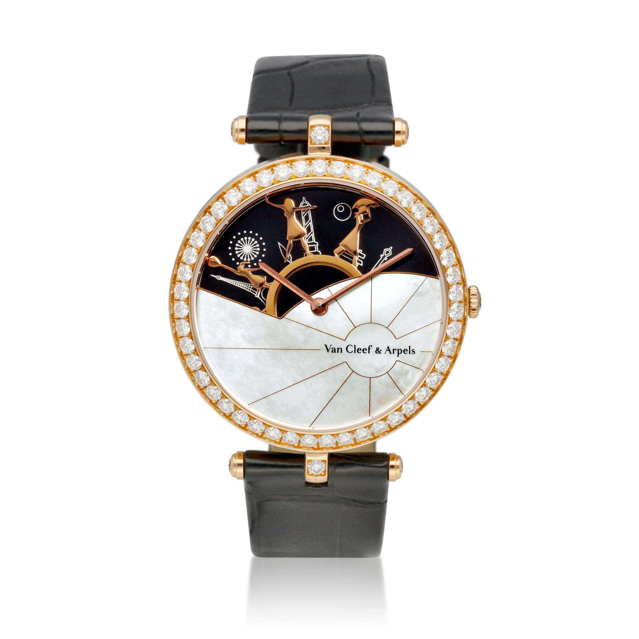Lady Arpels A Day in Paris (Reference VCARO3ZAOO). A rose gold and diamond-set automatic wristwatch with rotating disk characters sculpture, mother-of-pearl and onyx dial. Circa 2015 — view 1