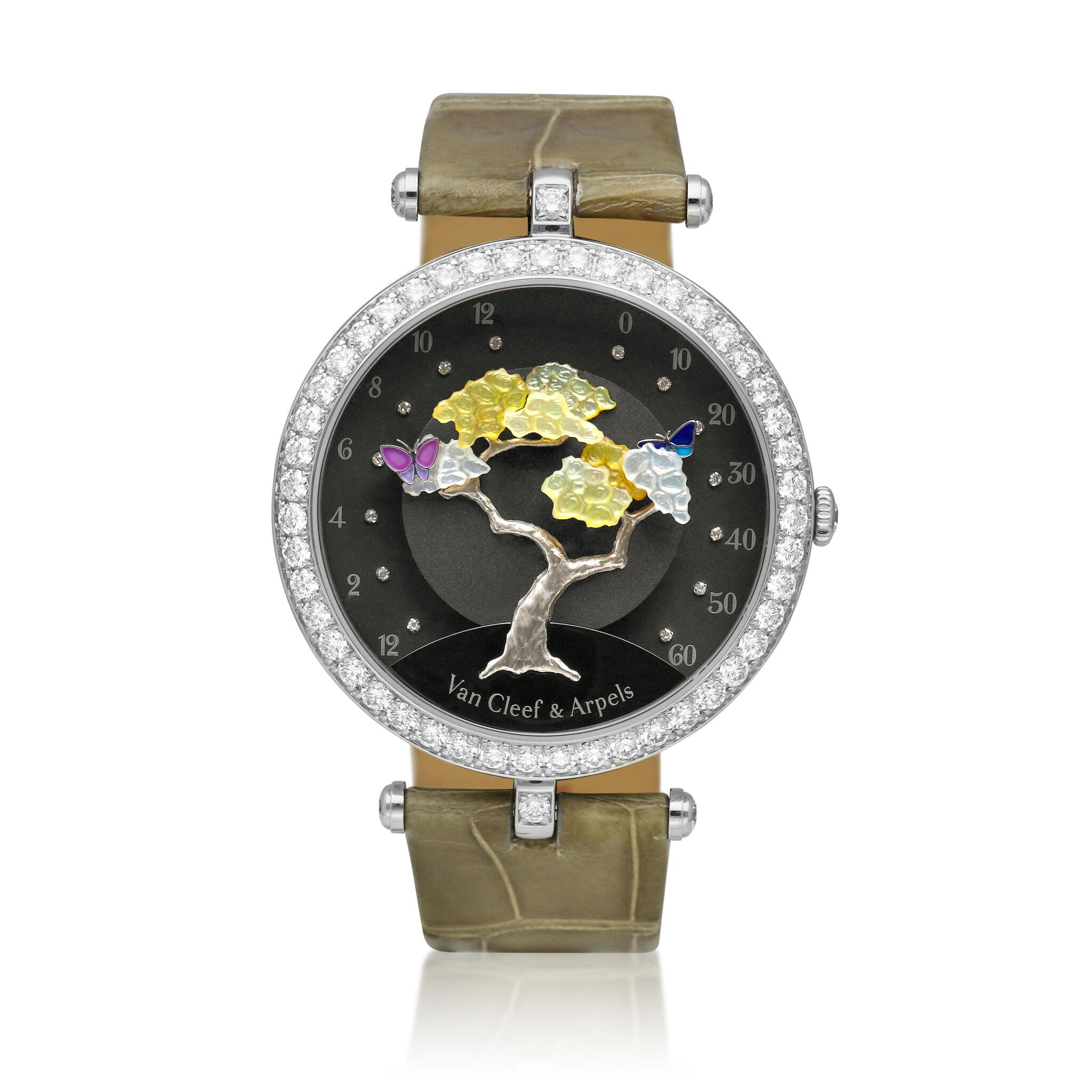 Lady Arpels Butterfly Symphony (Reference VCARO44100). A white gold and diamond-set mechanical wristwatch with retrograde hours, minutes display and onyx dial. Circa 2010 — view 1