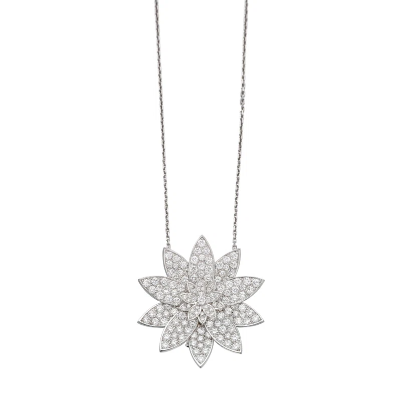 White Gold and Diamond Lotus Convertible Brooch Pendant Necklace