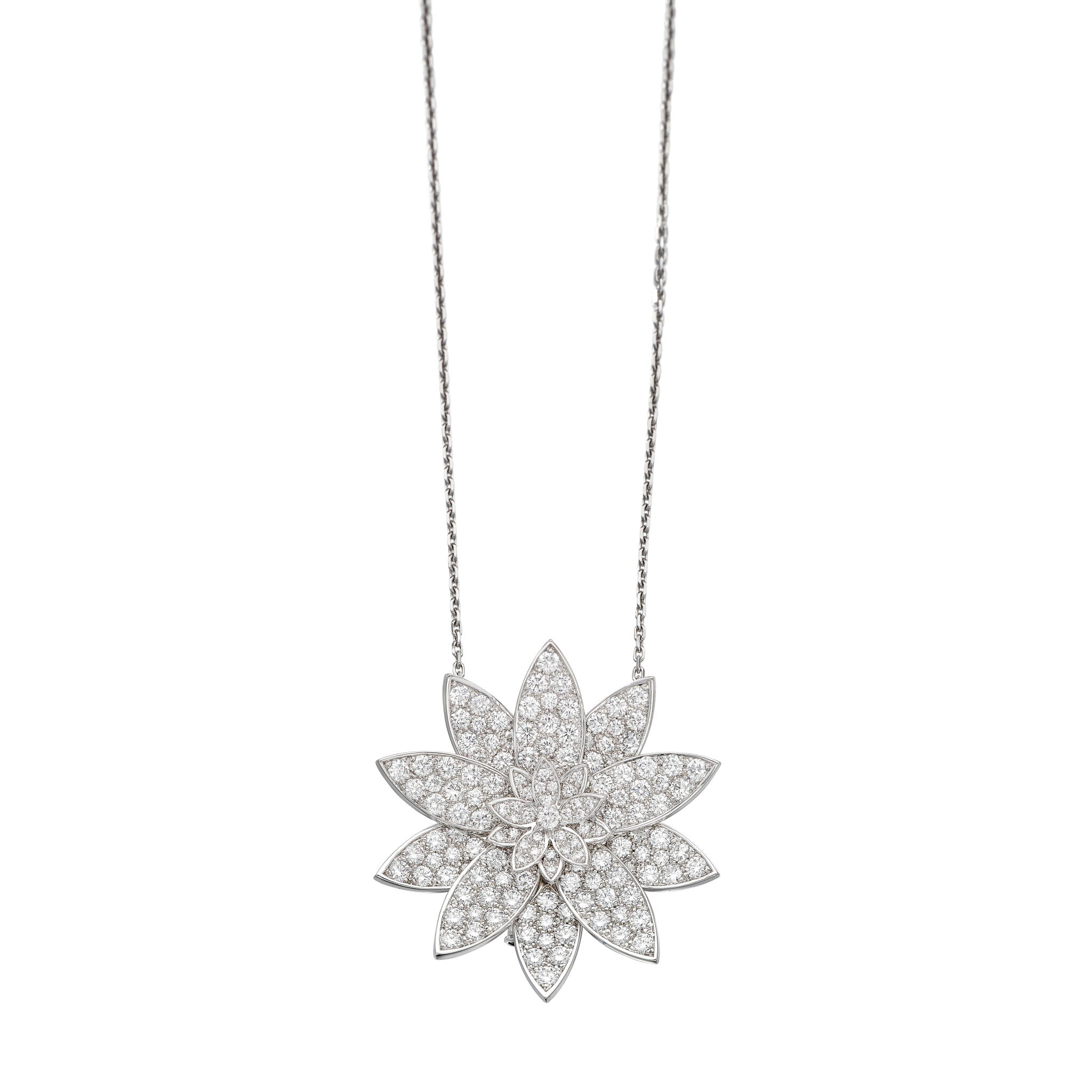 White Gold and Diamond Lotus Convertible Brooch Pendant Necklace — view 1