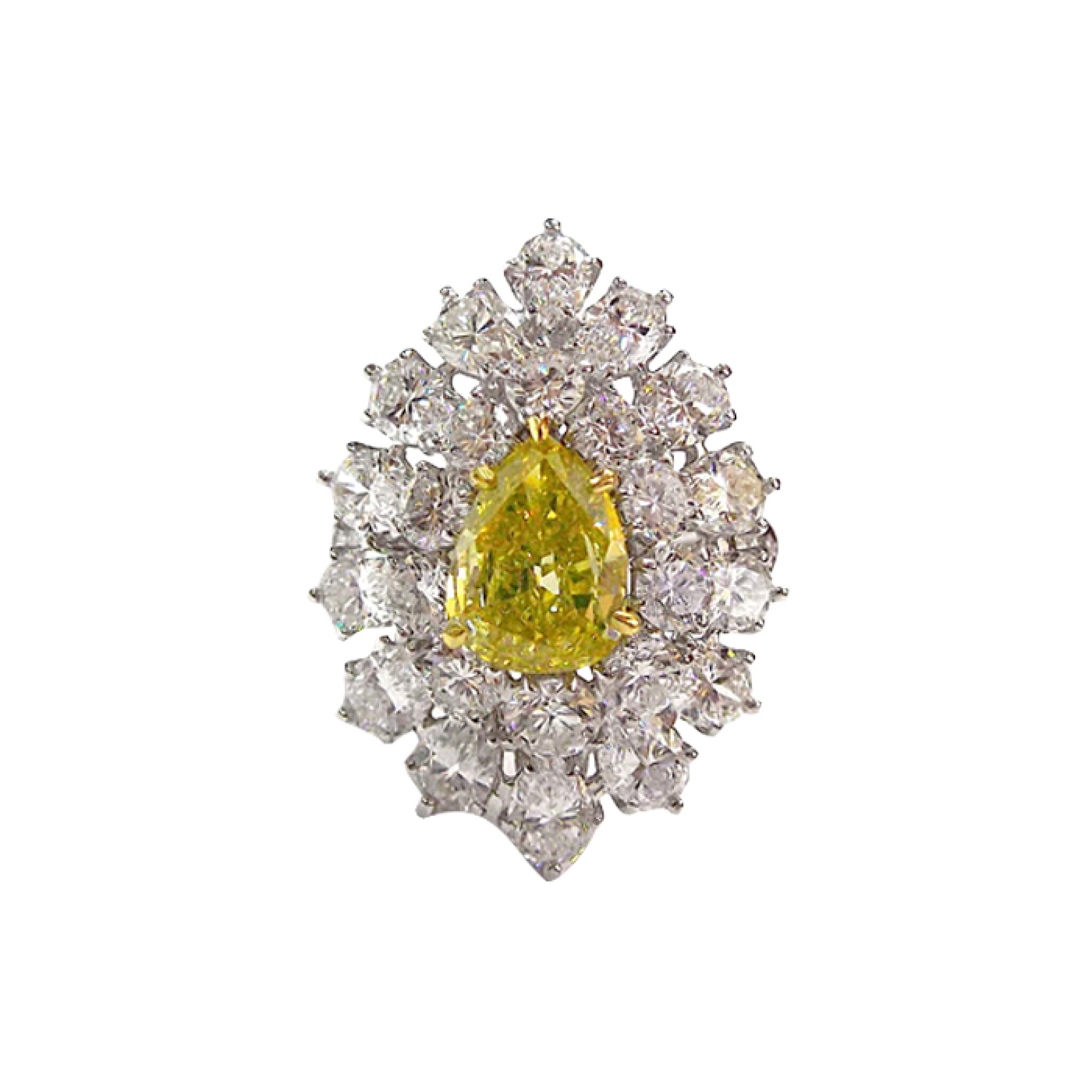 Platinum, 1.36ct Pear Shape Fancy Intense Yellow Diamond and Diamond Ring — view 1