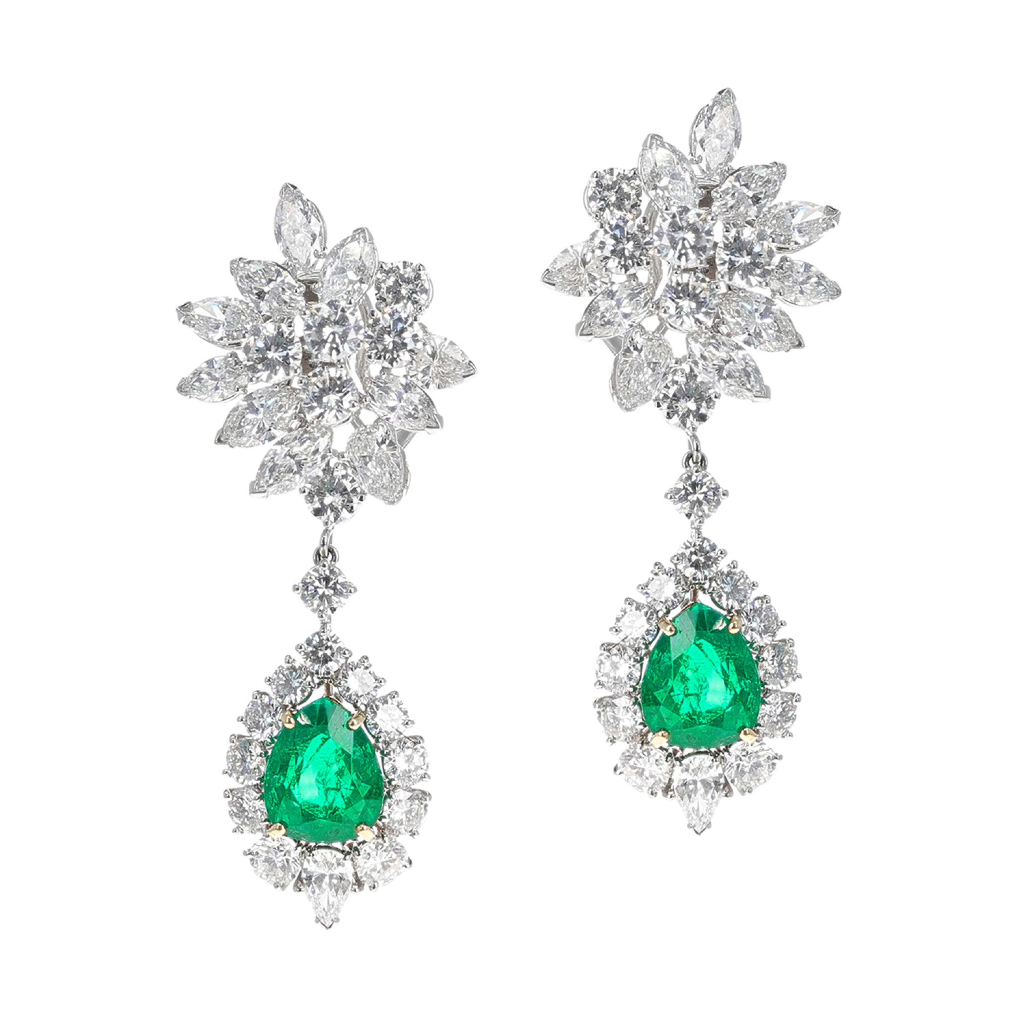 Platinum, Colombian Emerald and Diamond Convertible Drop Earrings — view 1