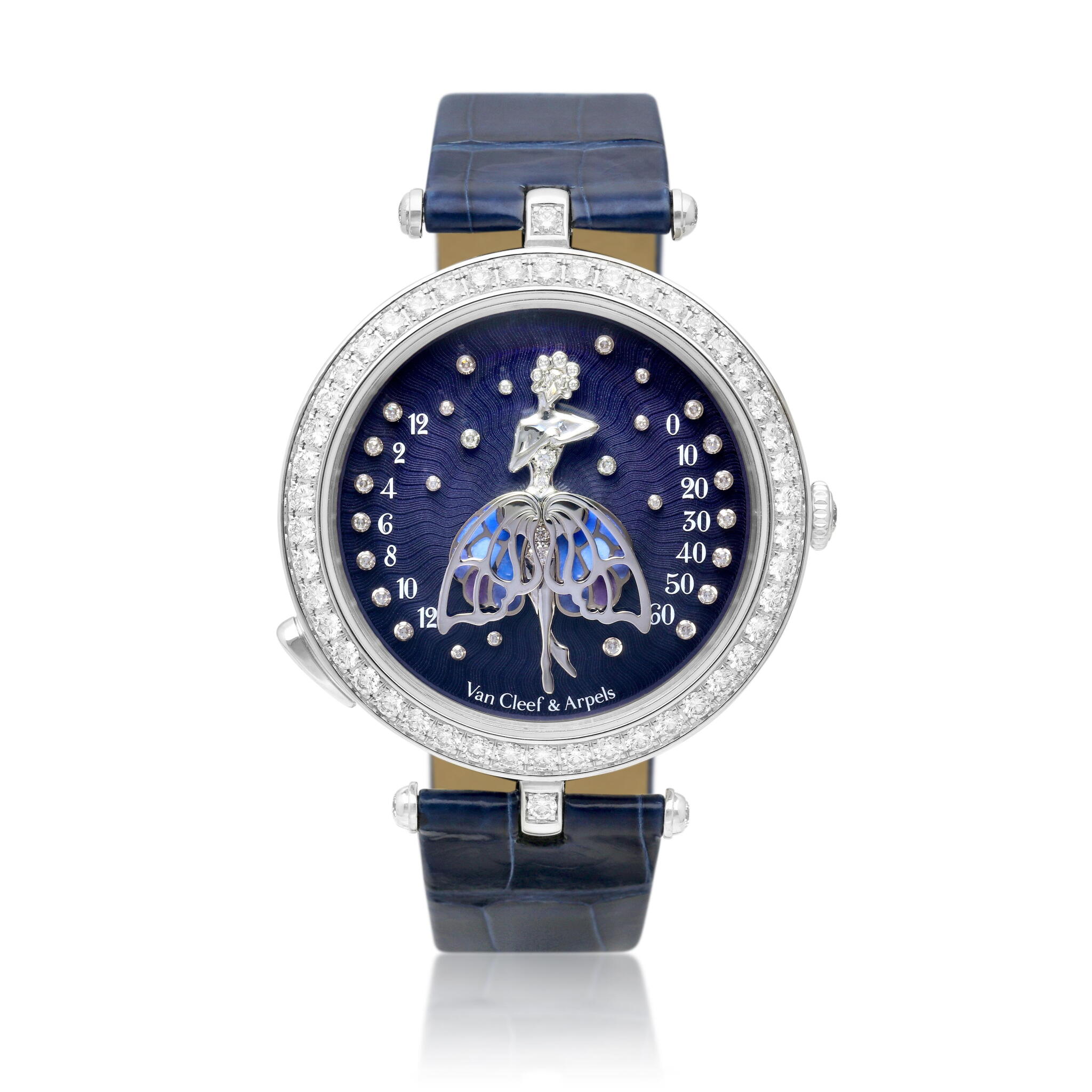 Poetic Complications Ballerine Enchantée (Reference VCARO4F200). A 40mm white gold diamond-set manual wind wristwatch with retrograde hours and minutes. 2023 — view 1