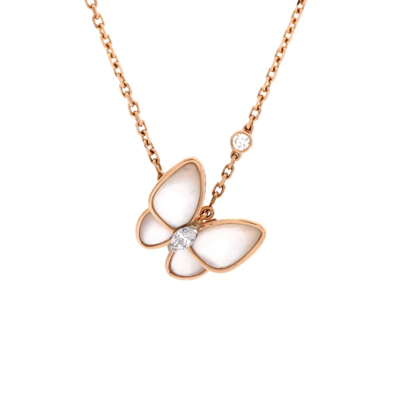 Rose Gold, Mother of Pearl and Diamond Two Butterfly Pendant Necklace 