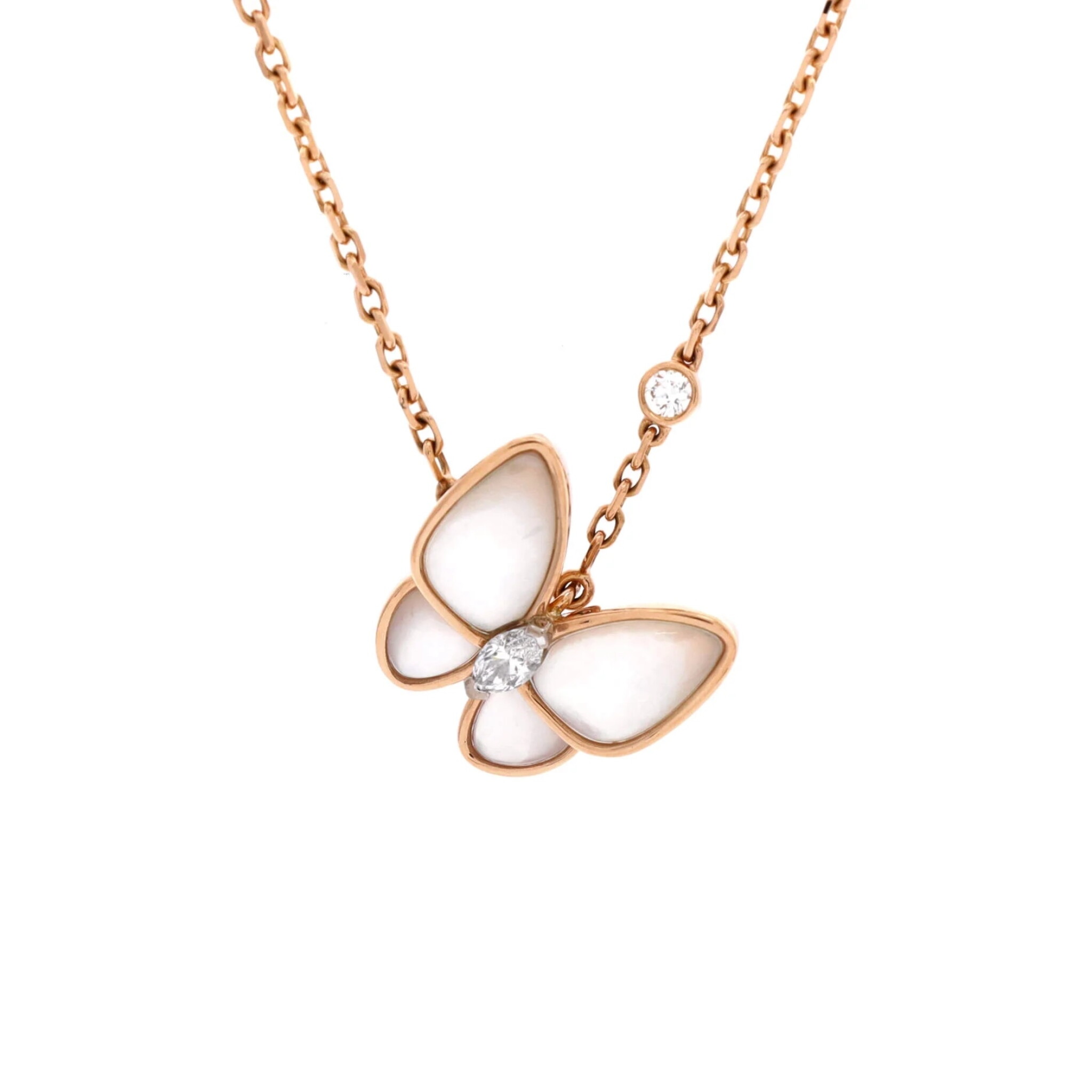 Rose Gold, Mother of Pearl and Diamond Two Butterfly Pendant Necklace  — view 1