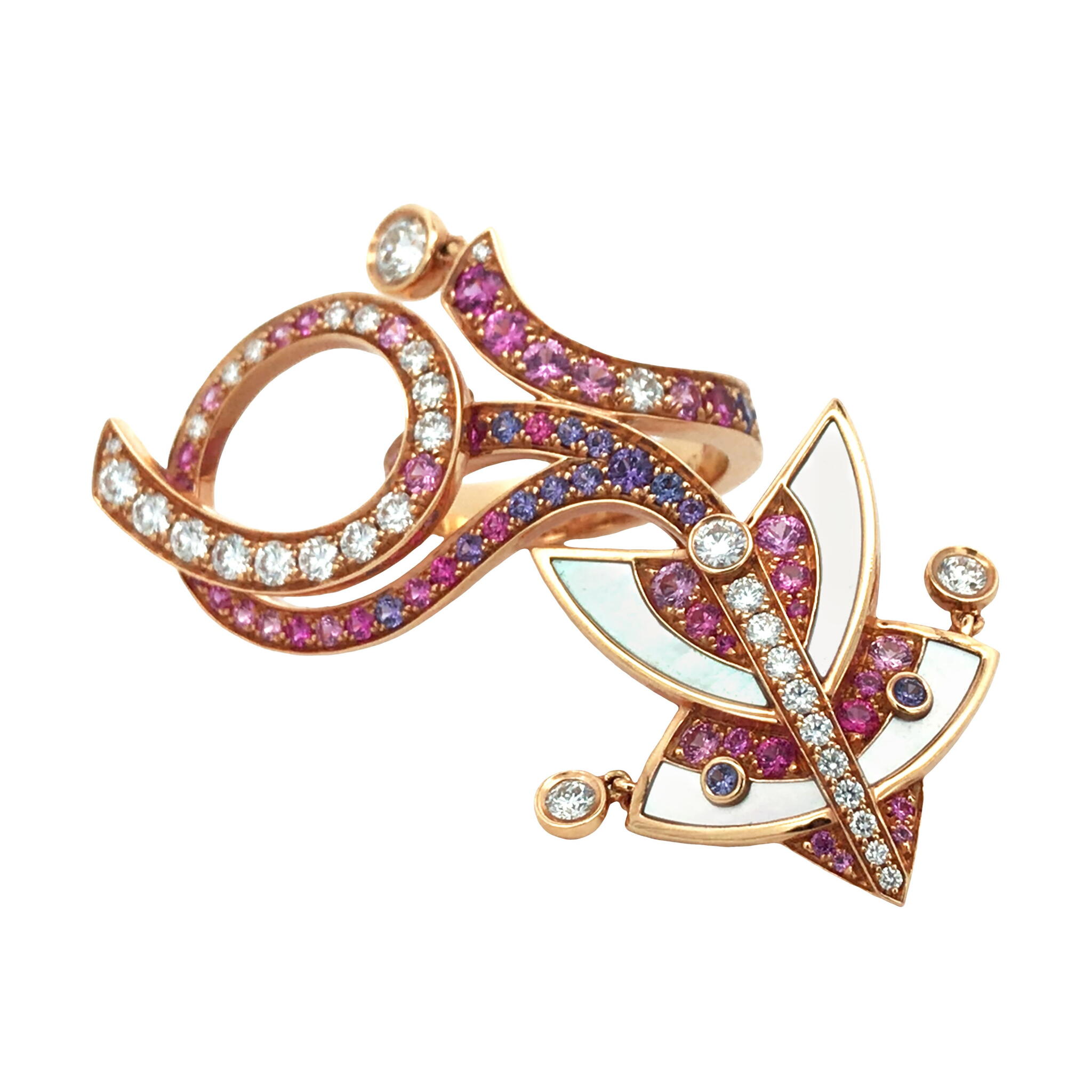 Rose Gold, Mother of Pearl, Multicolor Sapphire and Diamond Cerfs-Volants Ring — view 1