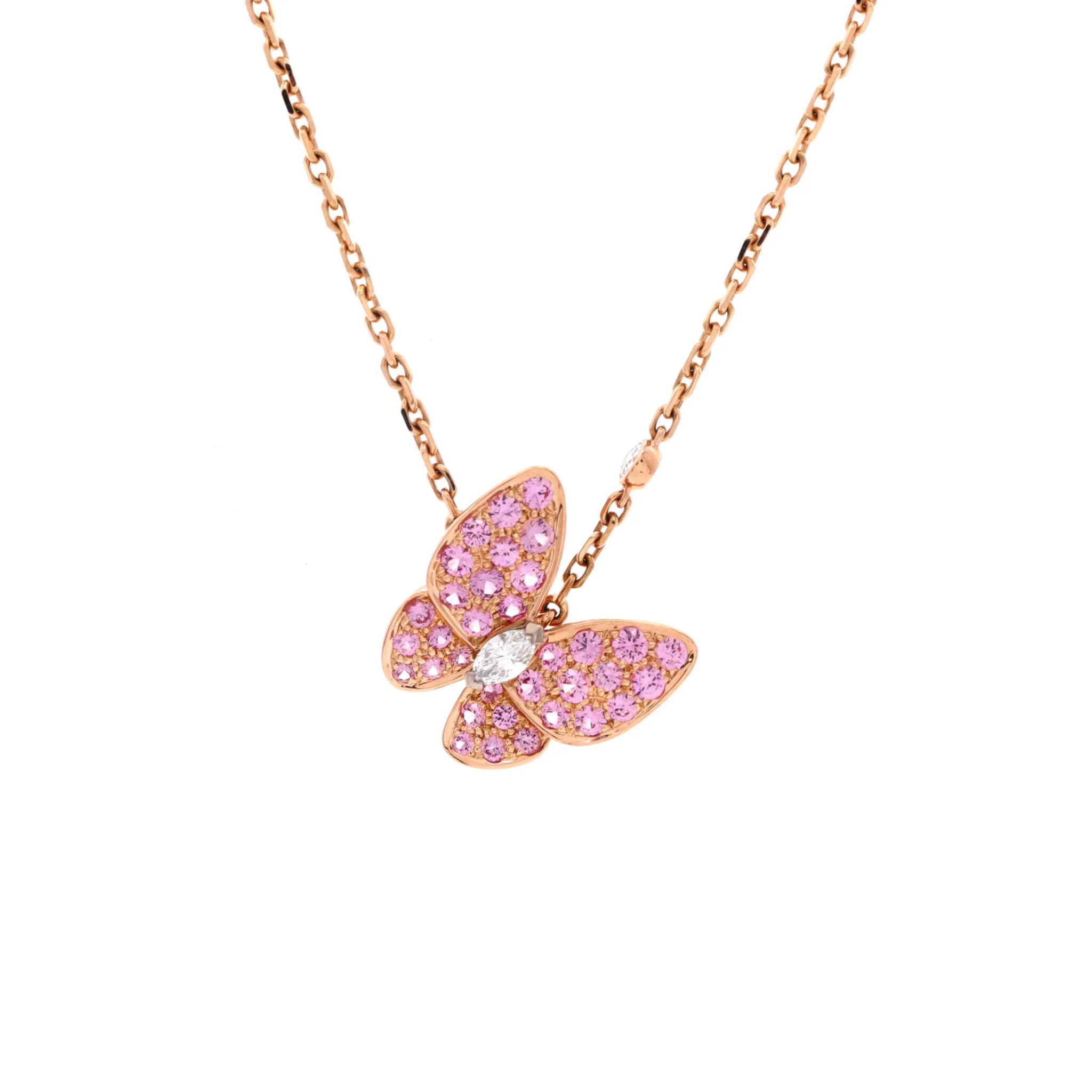 Rose Gold, Pink Sapphire and Diamond Two Butterfly Pendant Necklace — view 1