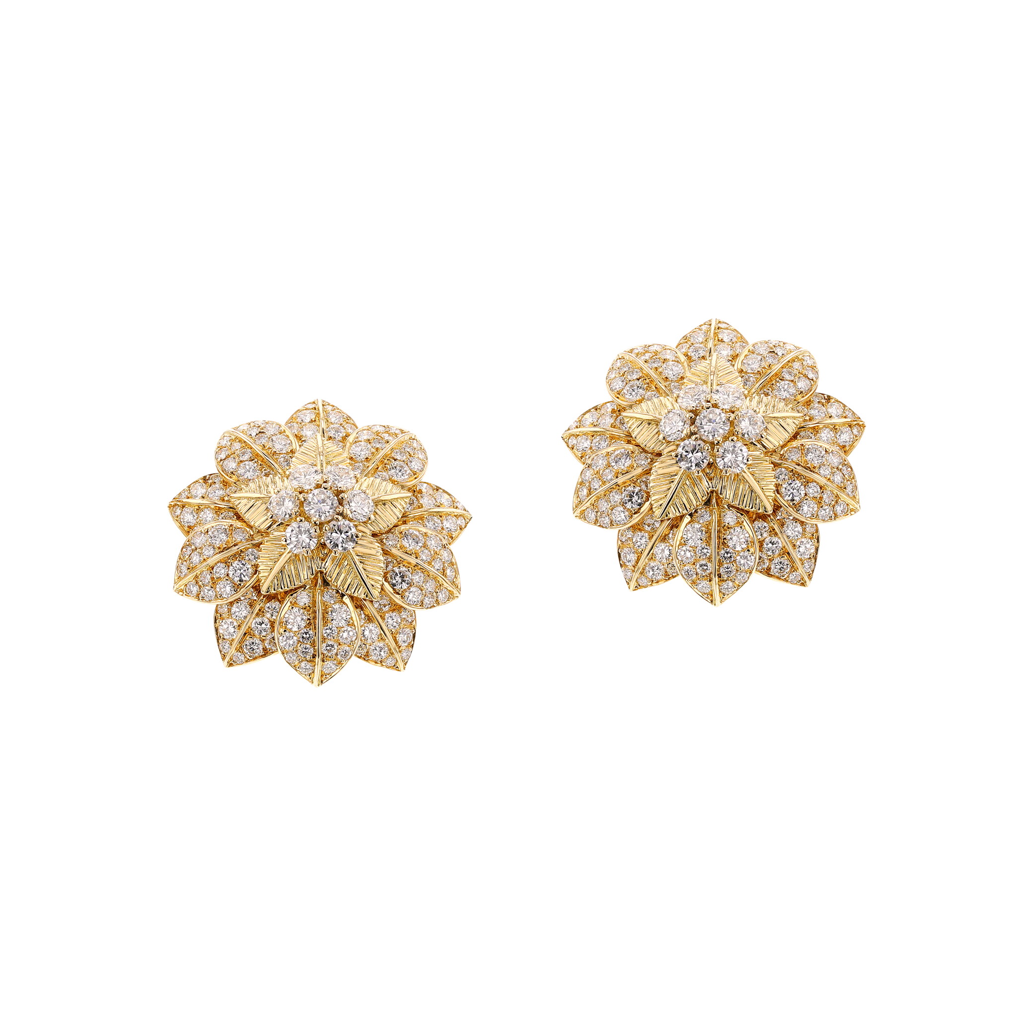 Vintage Gold and Diamond Flower Earclips — view 1