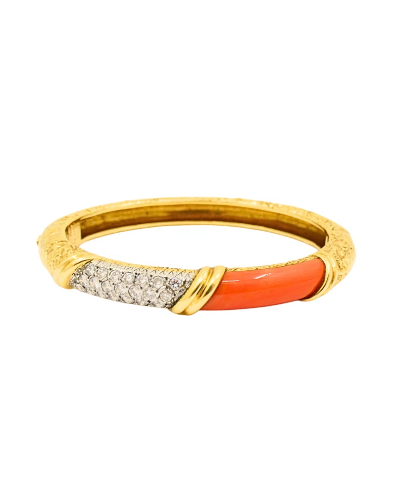 Vintage Gold, Coral and Diamond Bangle Bracelet 