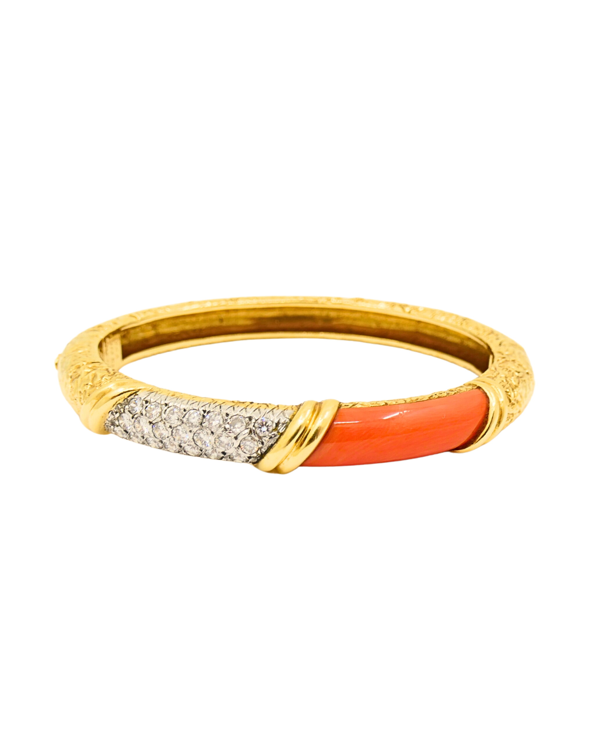 Vintage Gold, Coral and Diamond Bangle Bracelet  — view 1