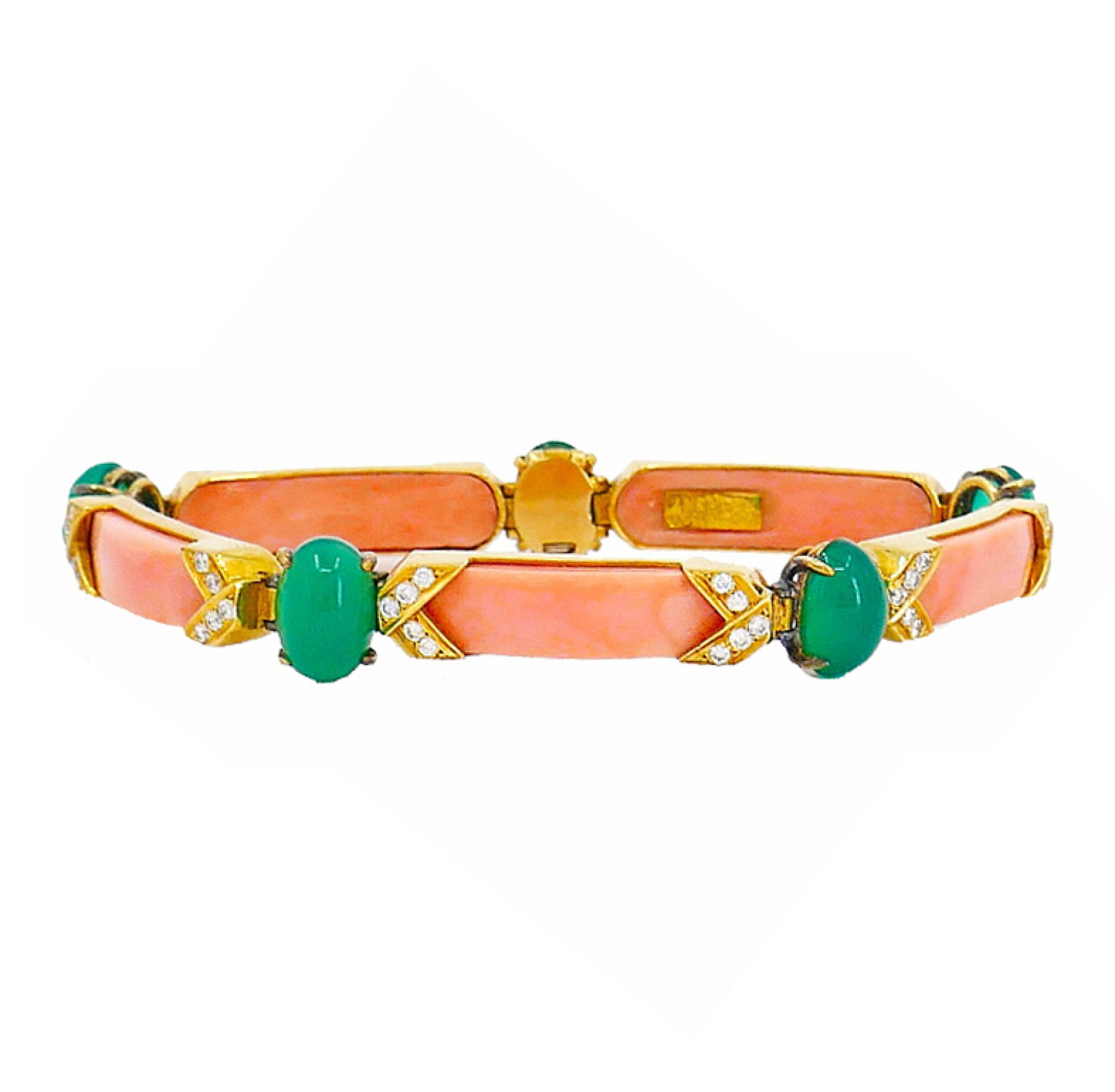 Vintage Gold, Coral, Chrysoprase and Diamond Bracelet  — view 1