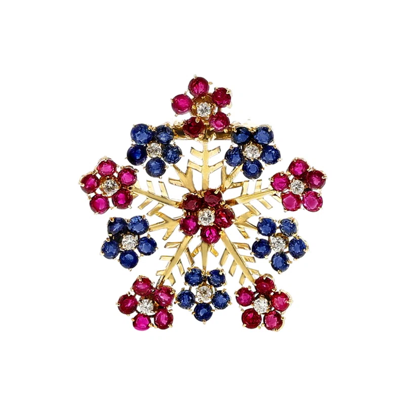 Vintage Gold, Ruby, Sapphire and Diamond Snowflake Brooch