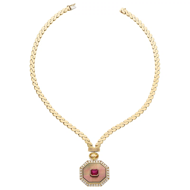 Vintage Gold, Ruby, Yellow Sapphire and Mother of Pearl Necklace
